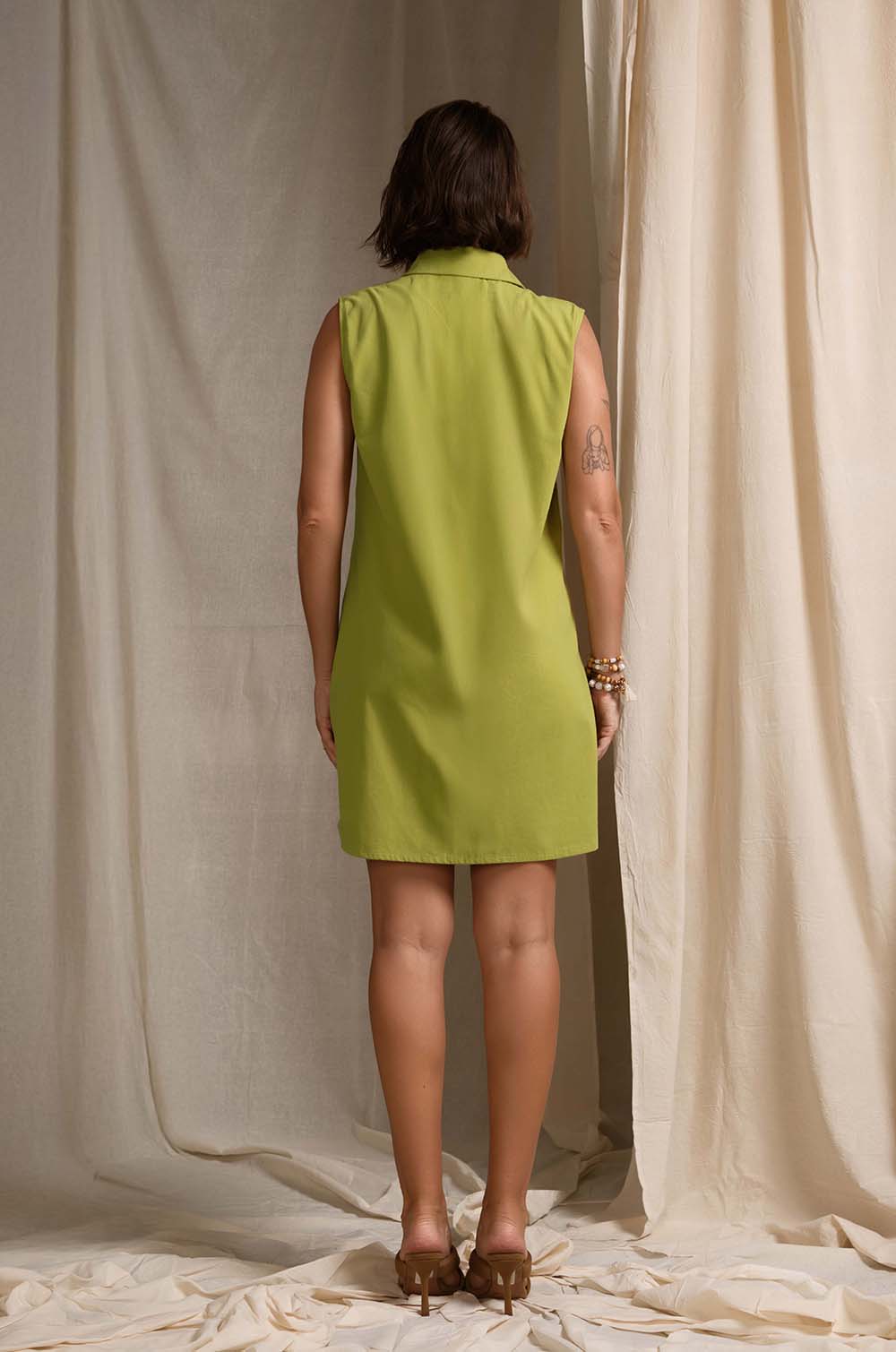 Lapel Collared Shift Dress GREEN