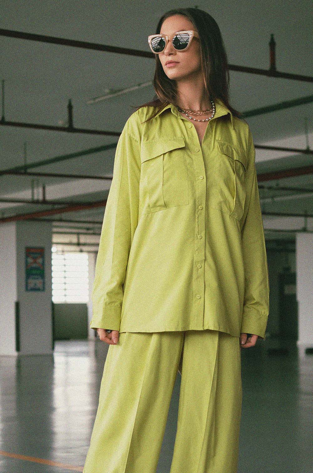 Double Pocket Oversized Shirt- Lime