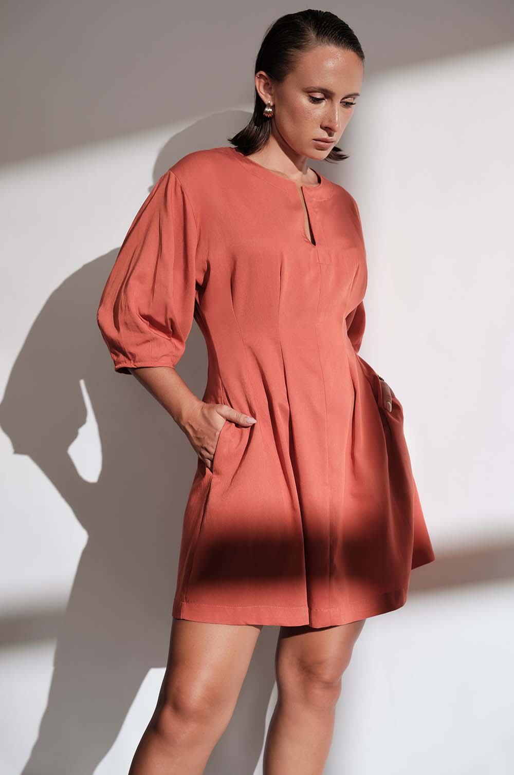 WAIST ACCENTUATED DRESS - ORANGE