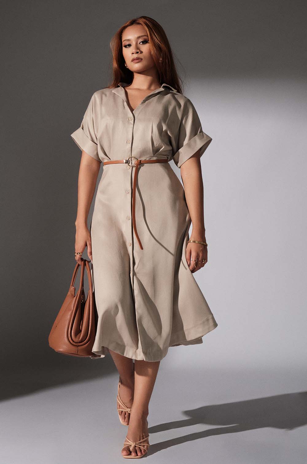 Turned Up Sleeve Midi Dress - Beige