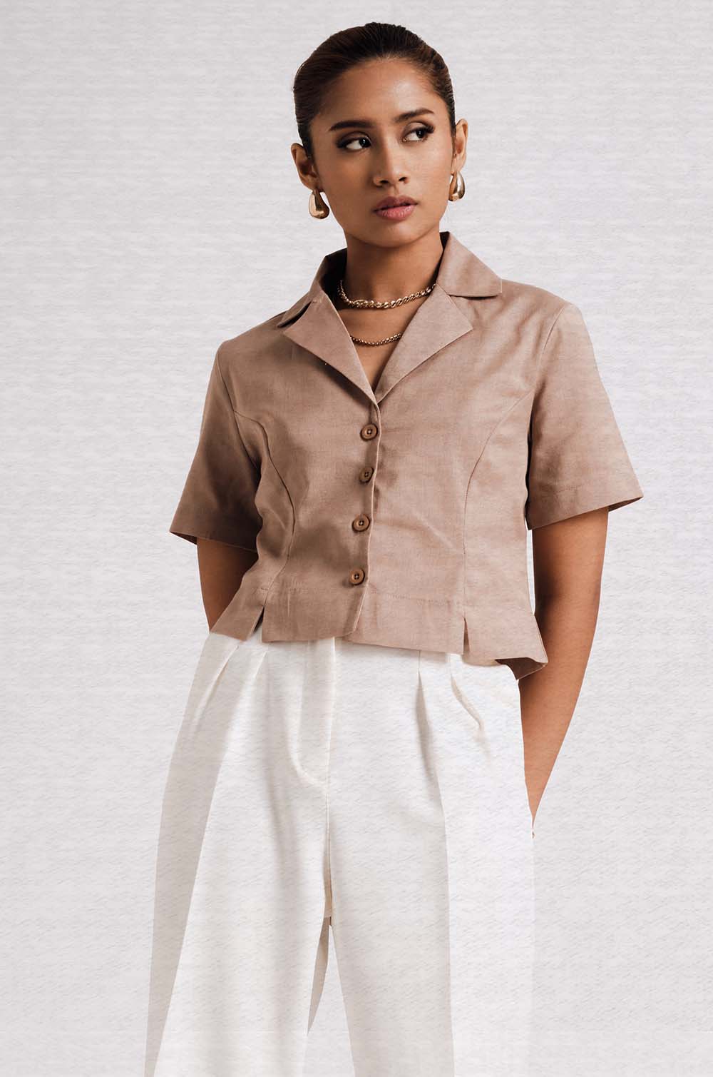 Slit Detailed Shirt- Beige