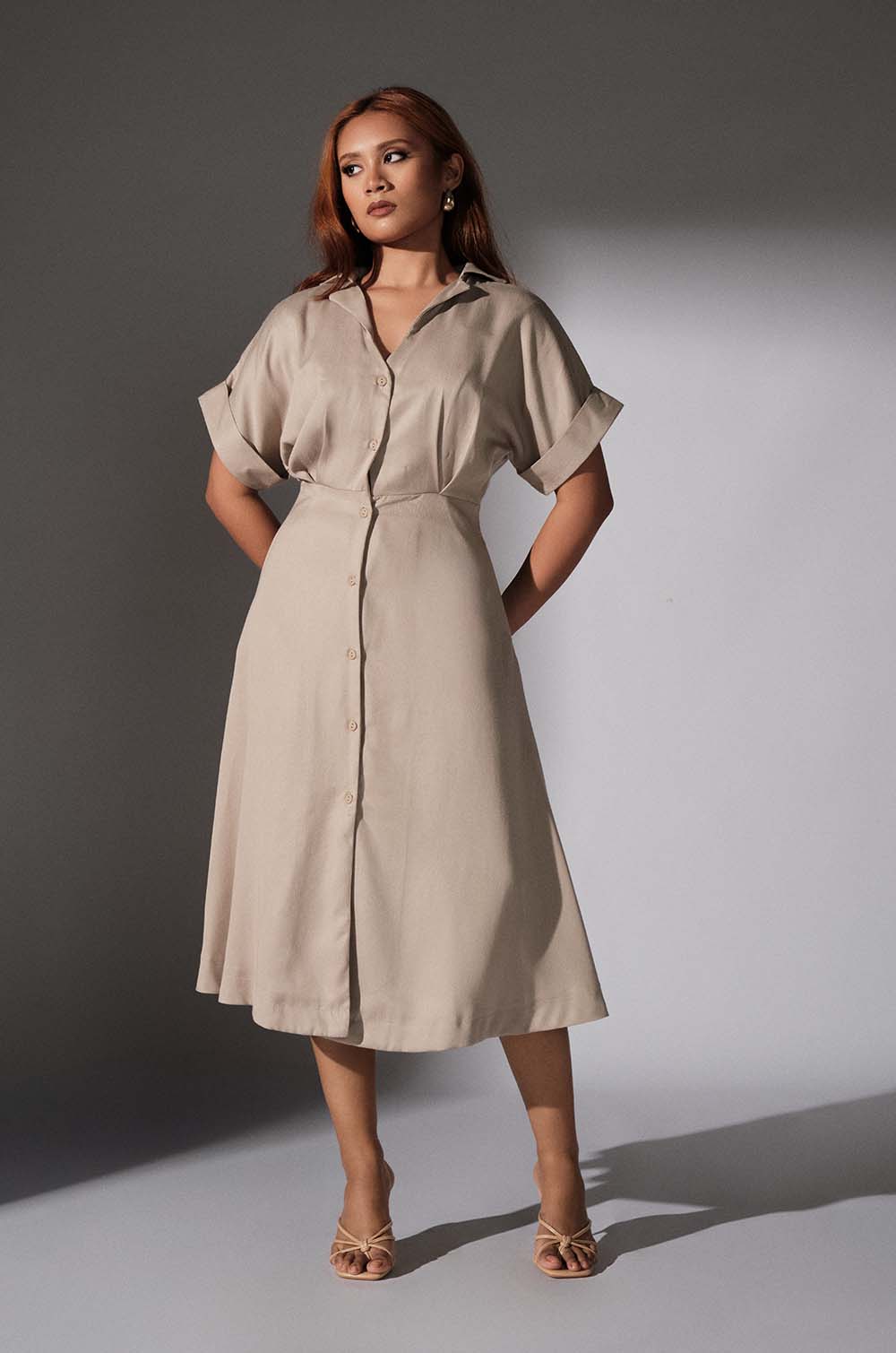 Turned Up Sleeve Midi Dress - Beige