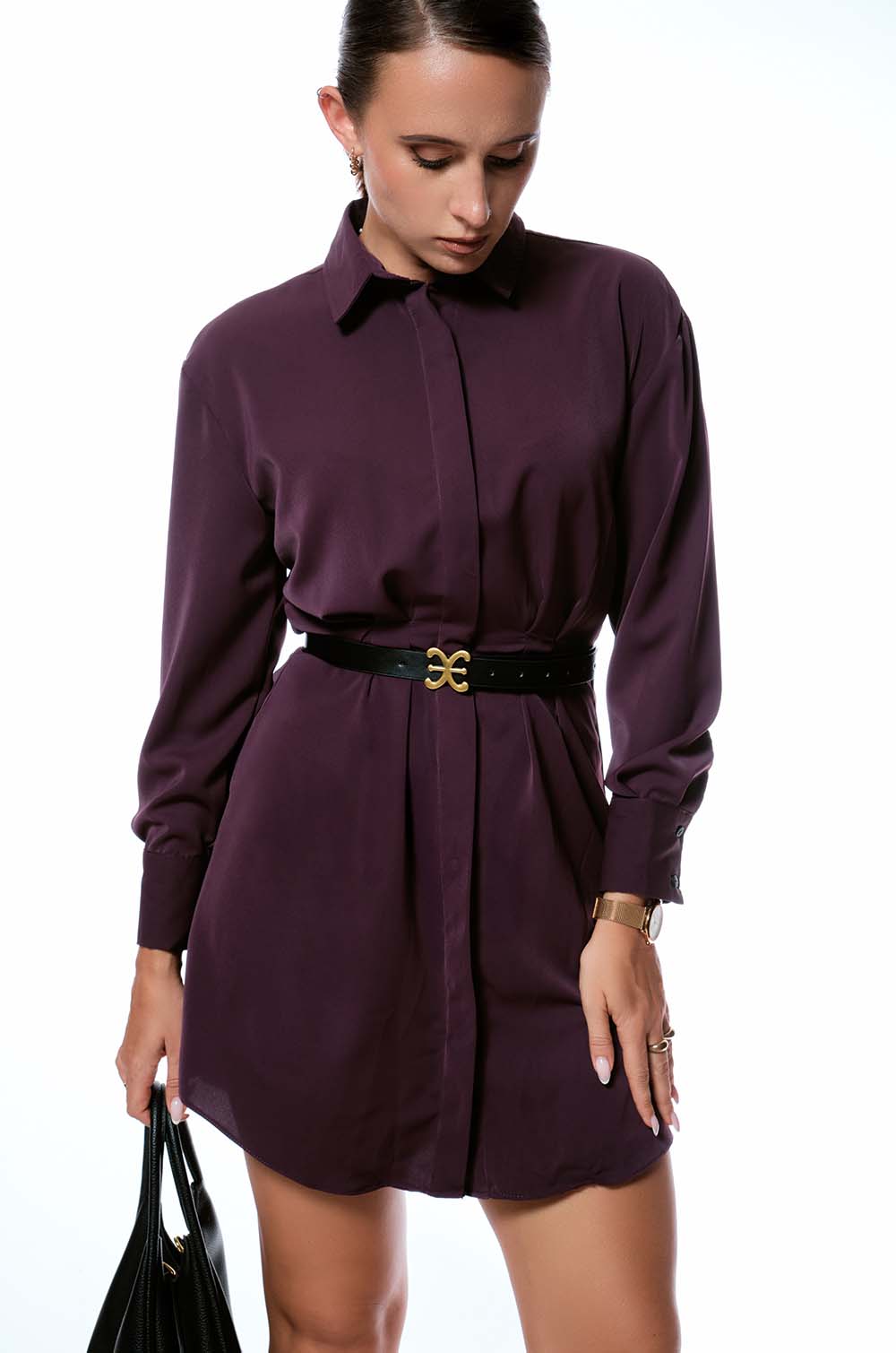 CINCHED WAIST SHIRT DRESS - BURGANDY
