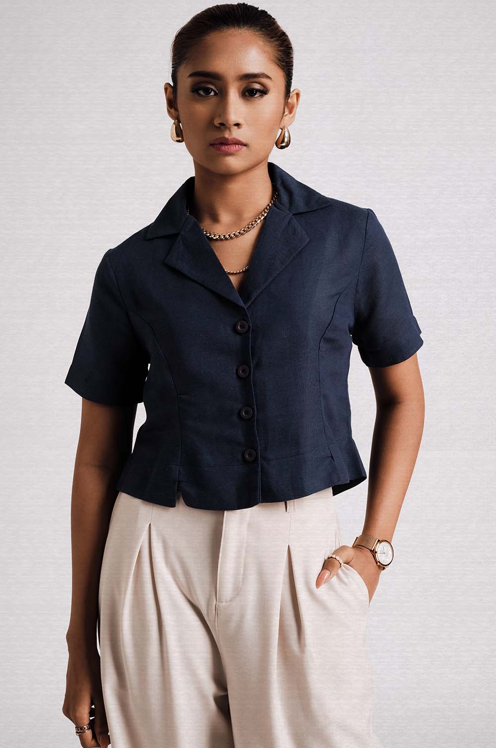 Slit Detailed Shirt- Navy