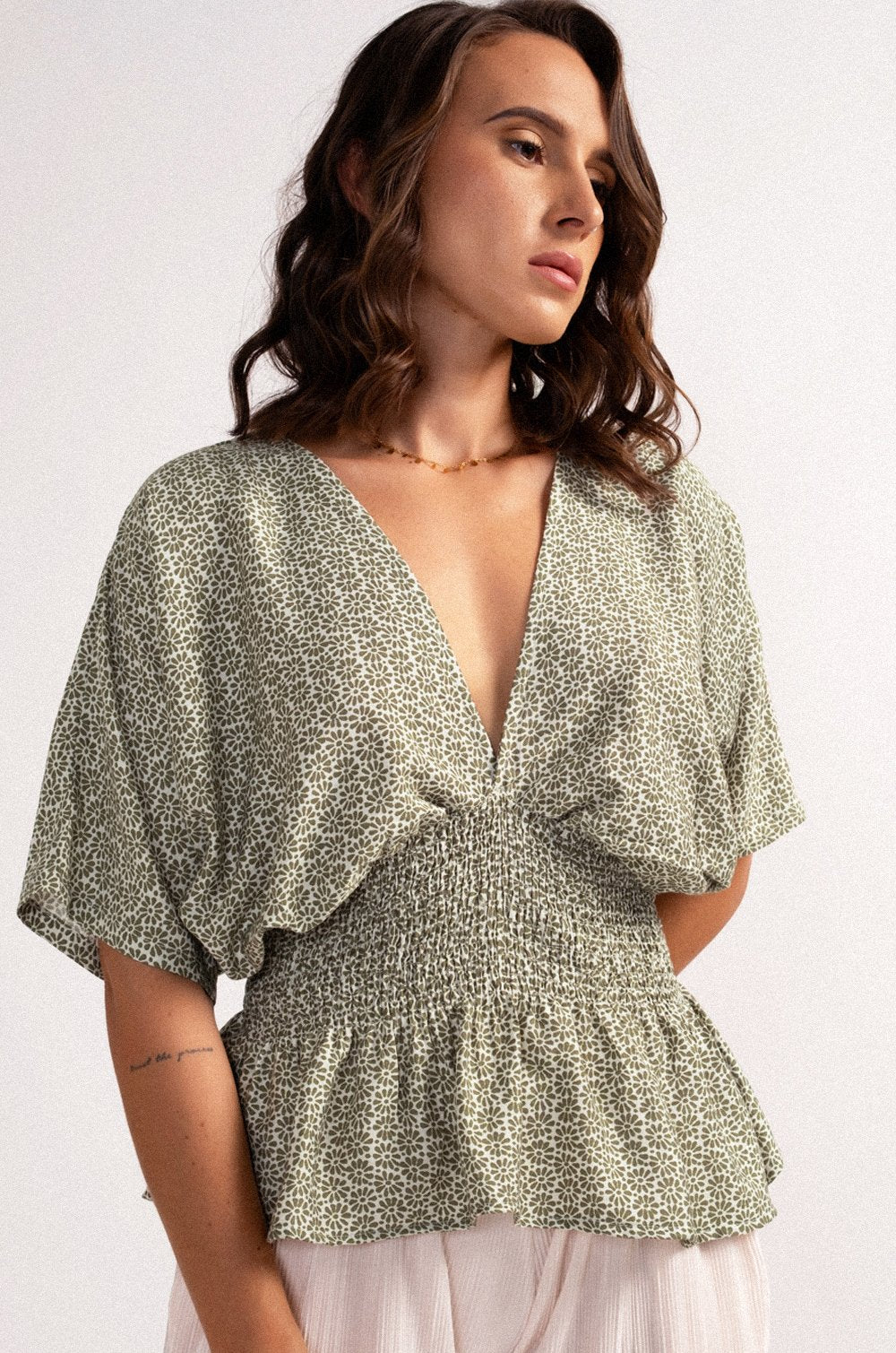 SMOCKED KIMONO TOP