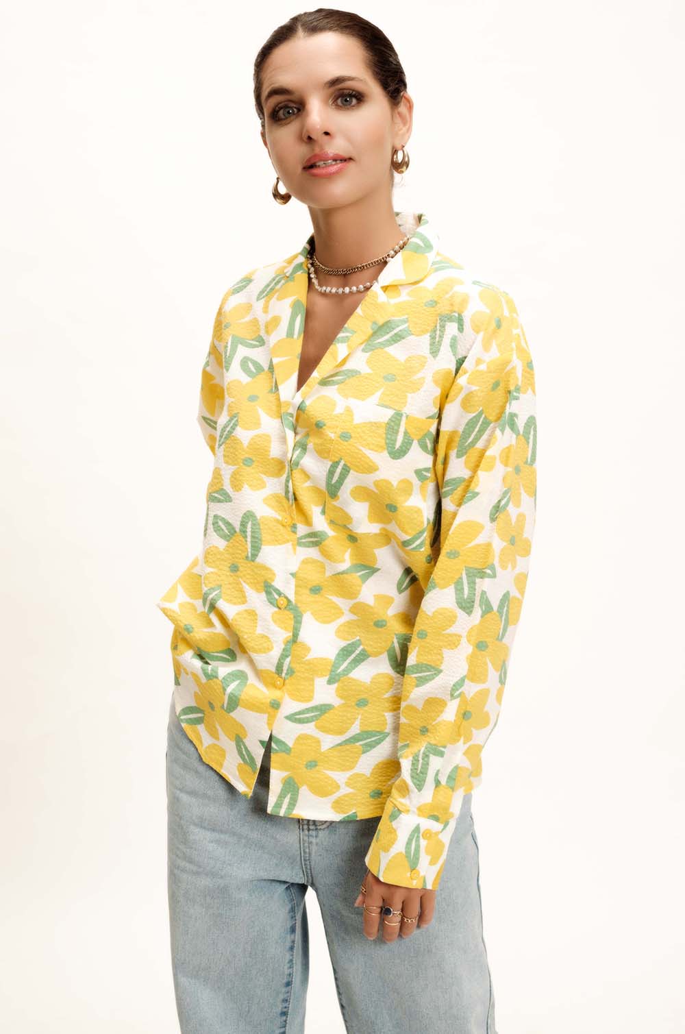 Lapel Collared Oversized Shirt- YELLOW