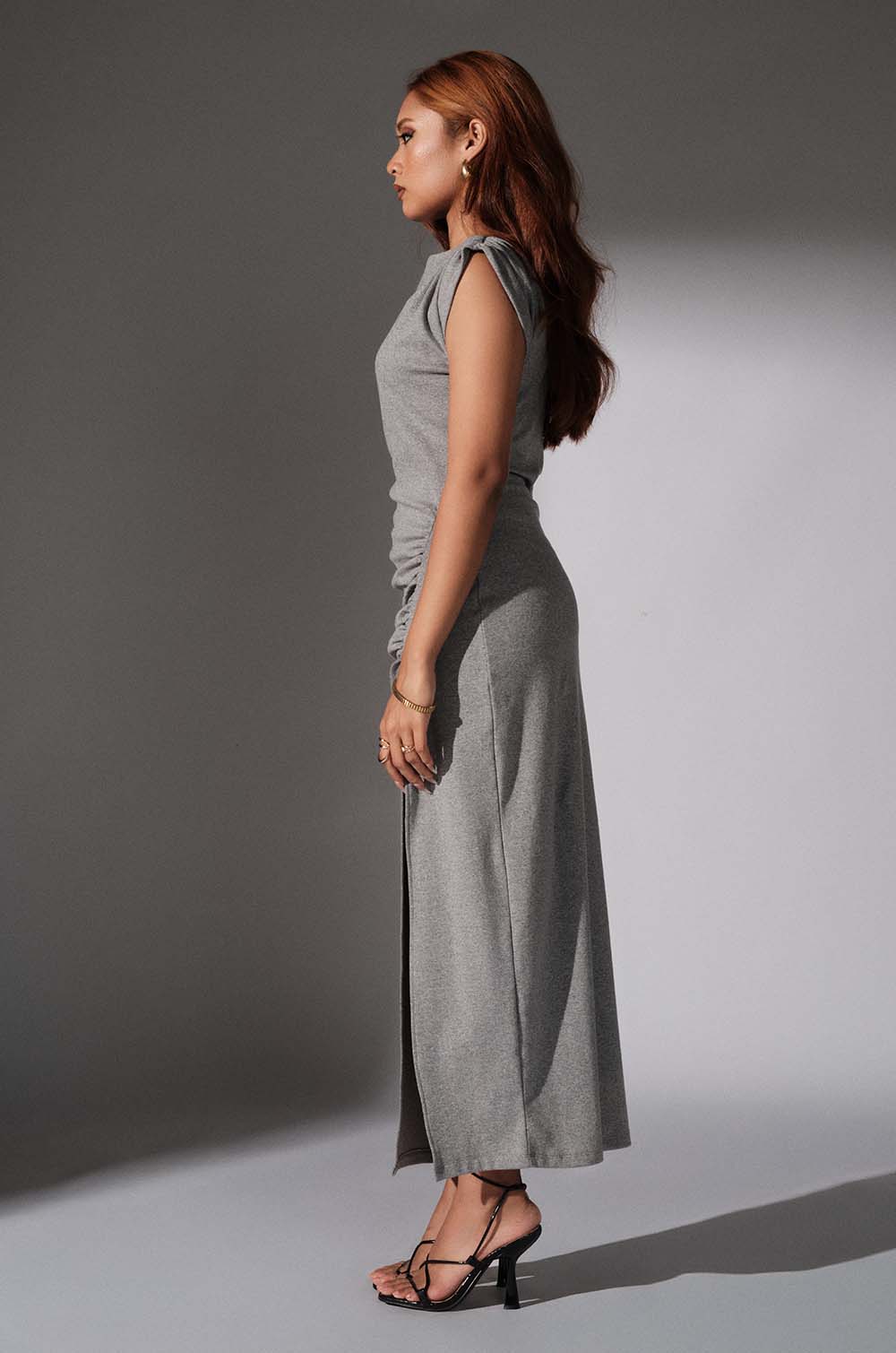 Gathered Shoulder BodyCon Dress - Grey