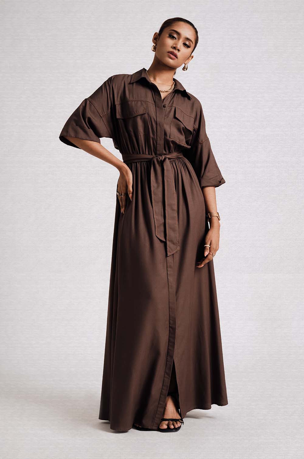 Double Pocket Maxi Dress - Brown