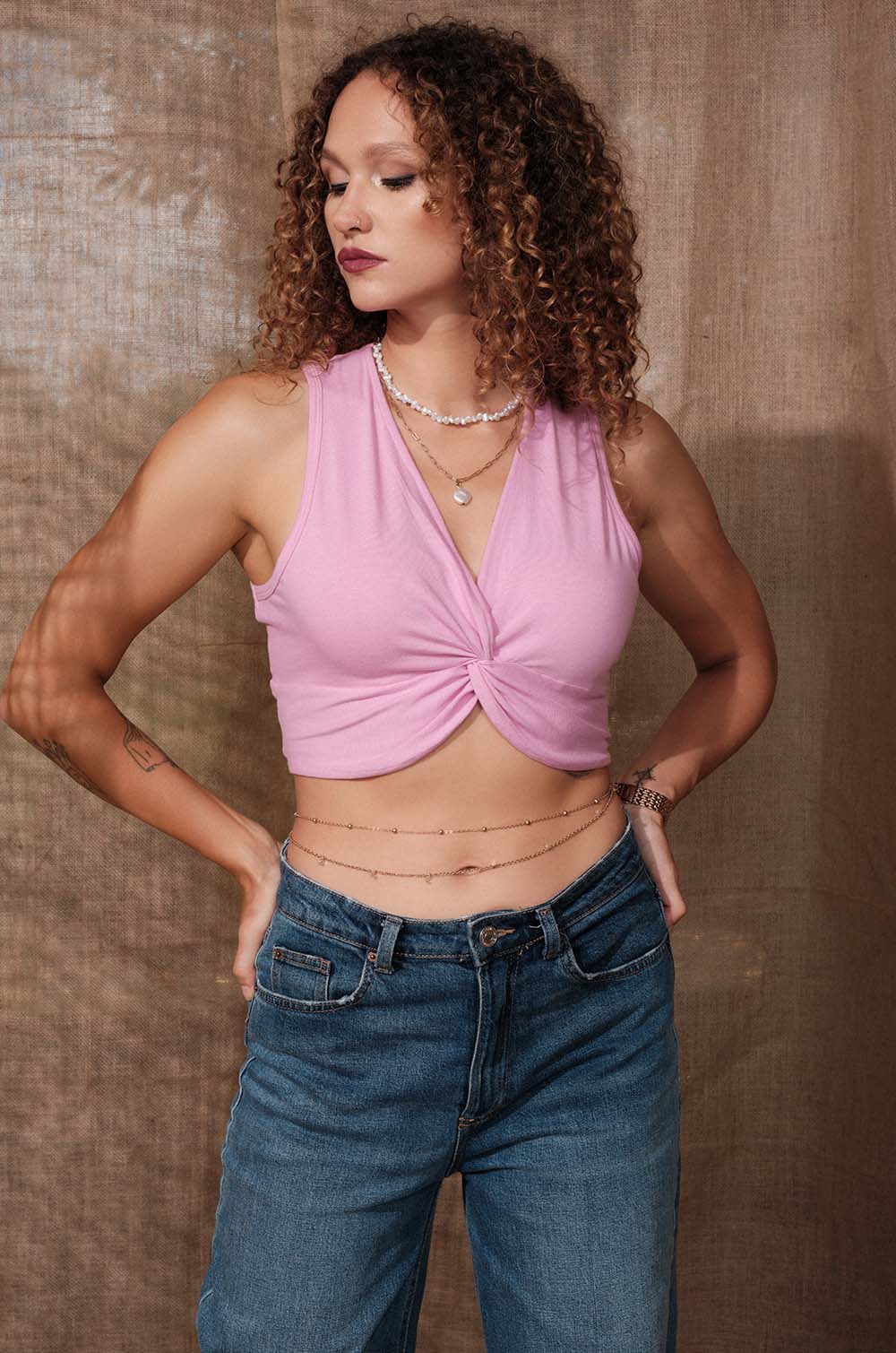 Twisted Front Crop Top - Pink