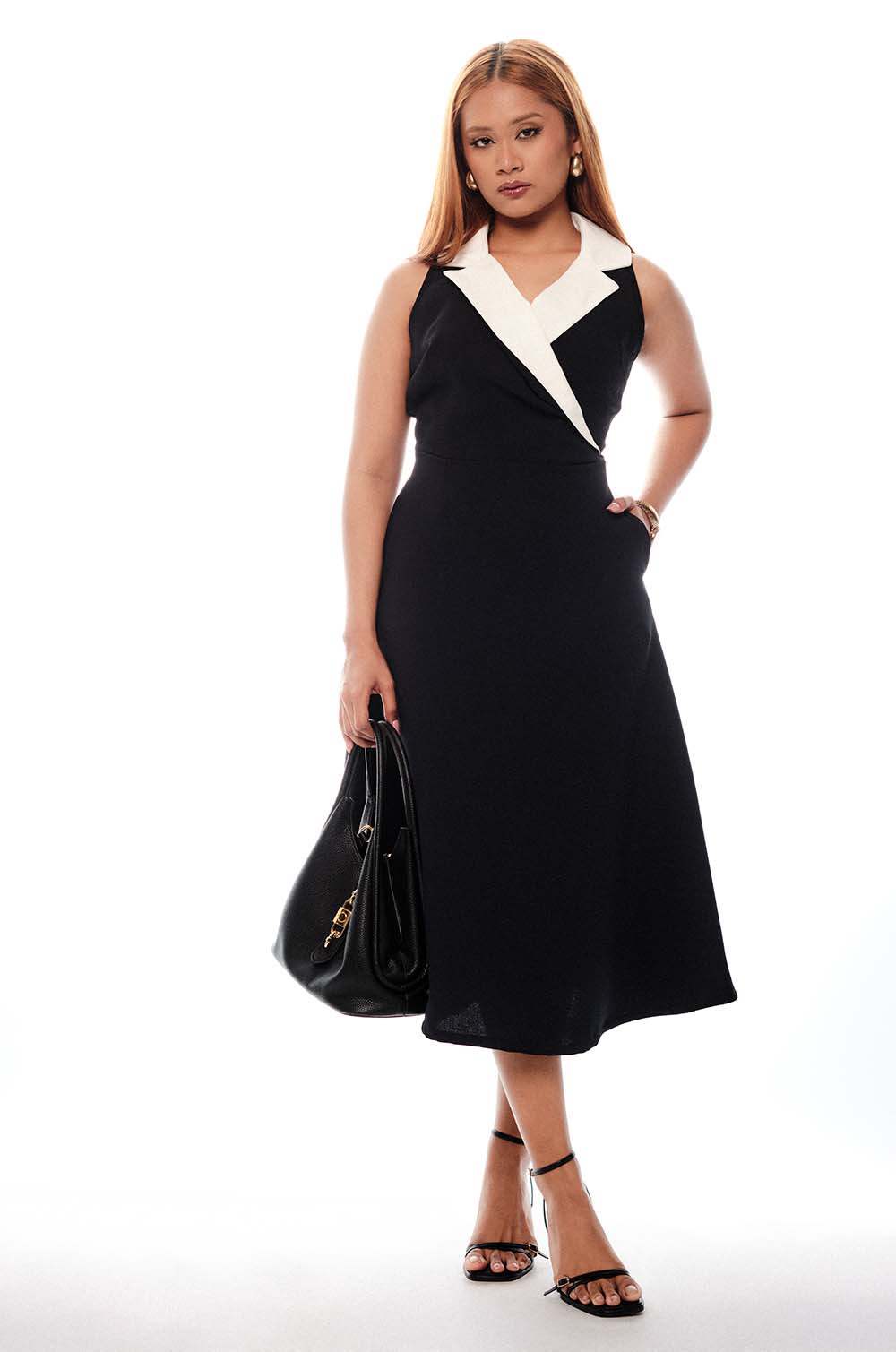 Contrast Lapel Midi Dress