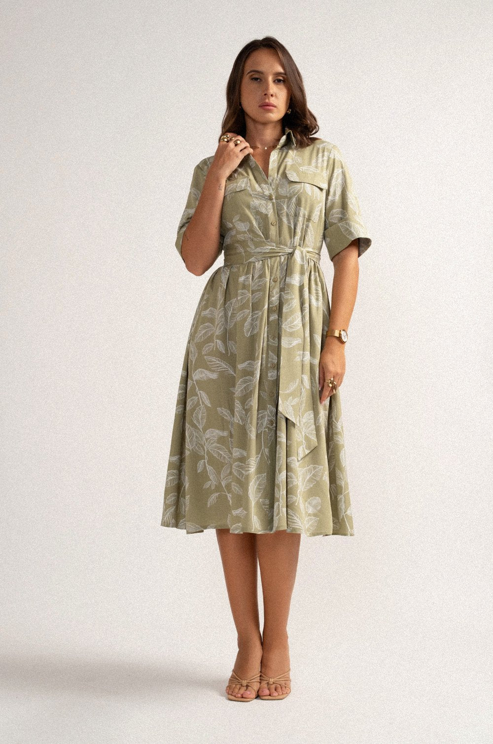 PRINTED MIDI SHIRT DRESS - SAGE