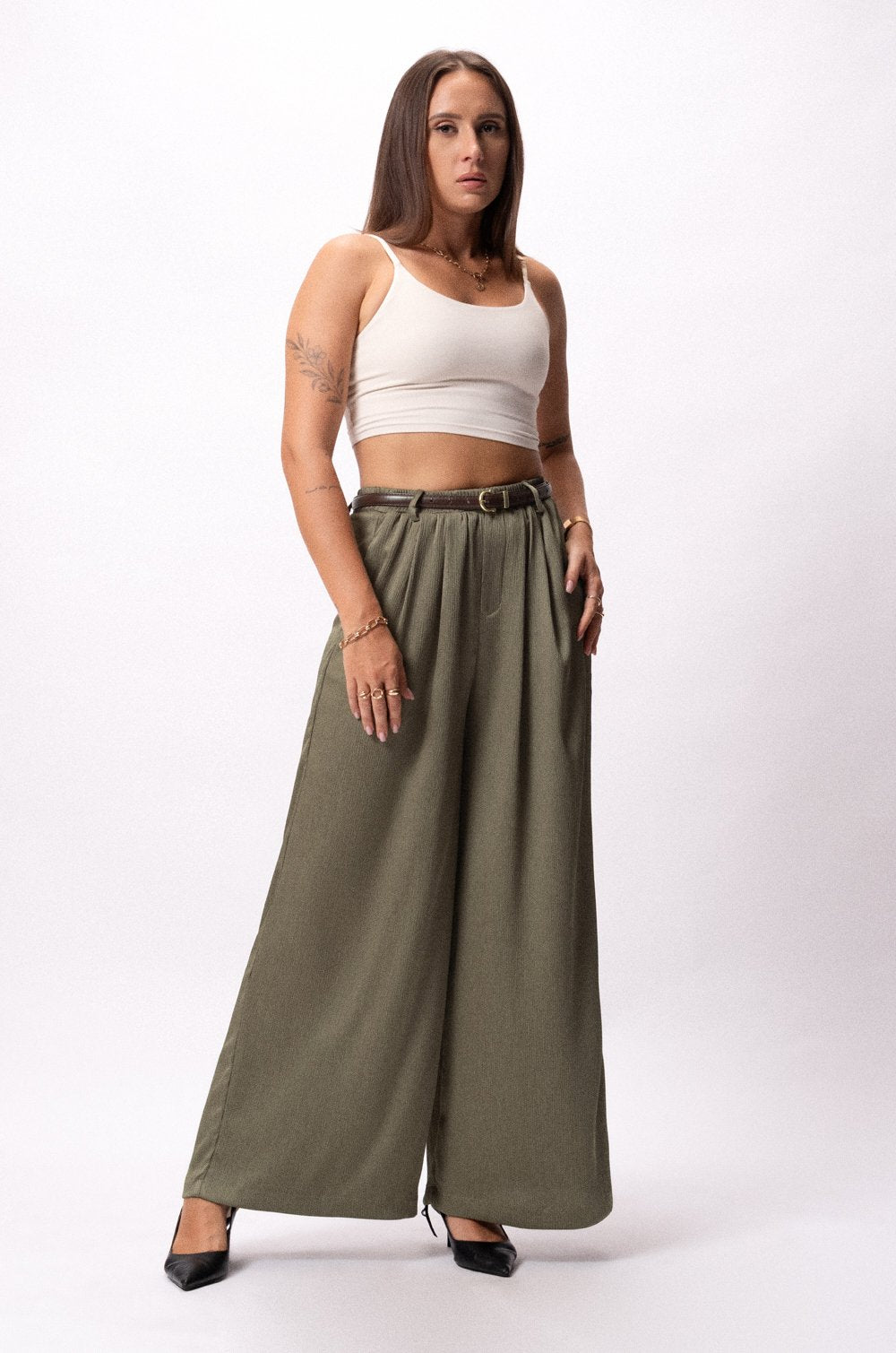 ELASTICATED WIDE LEG PANTS - OLIVE