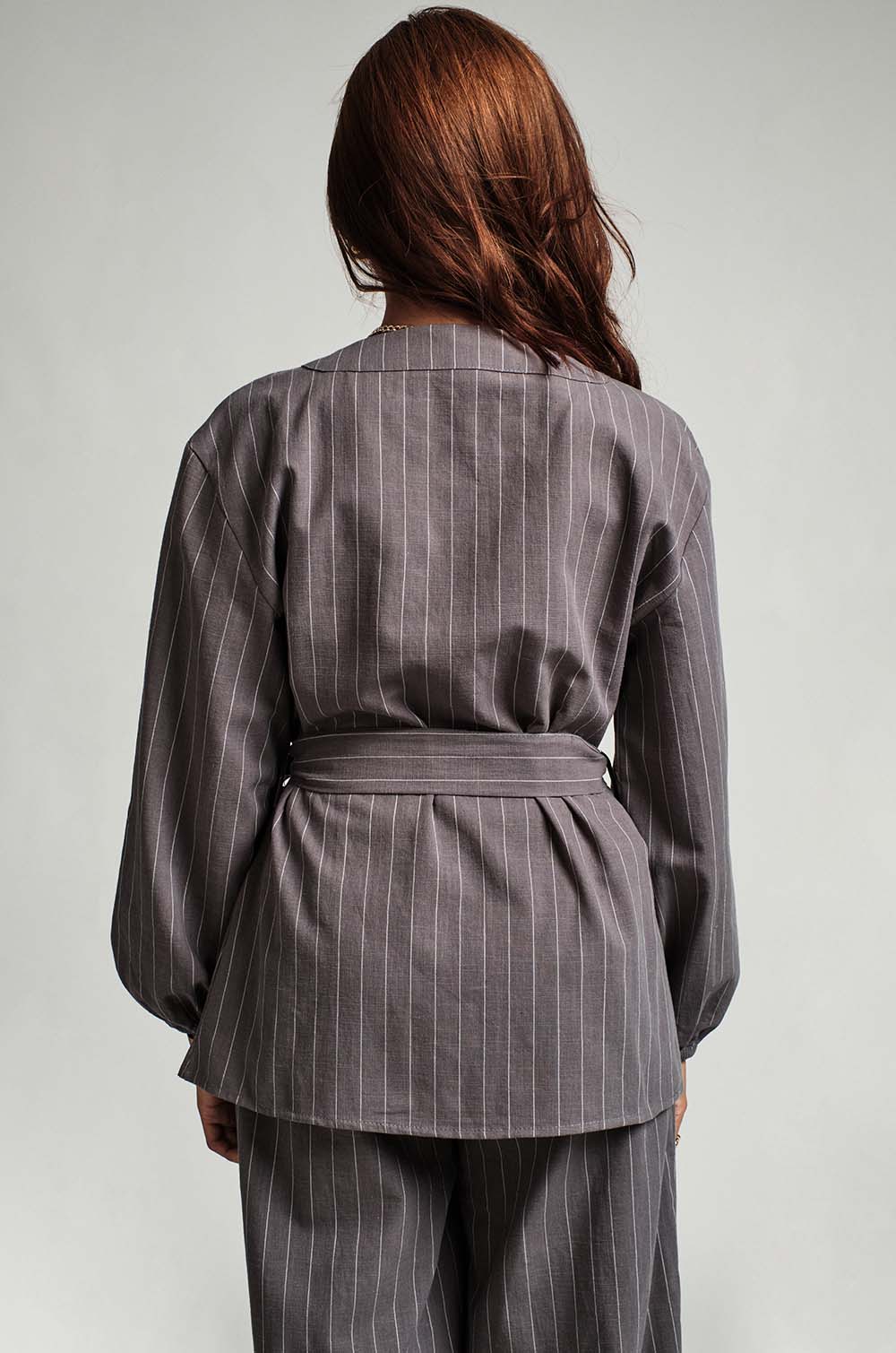 Pin Stripe Wraparound Top - Dark Grey