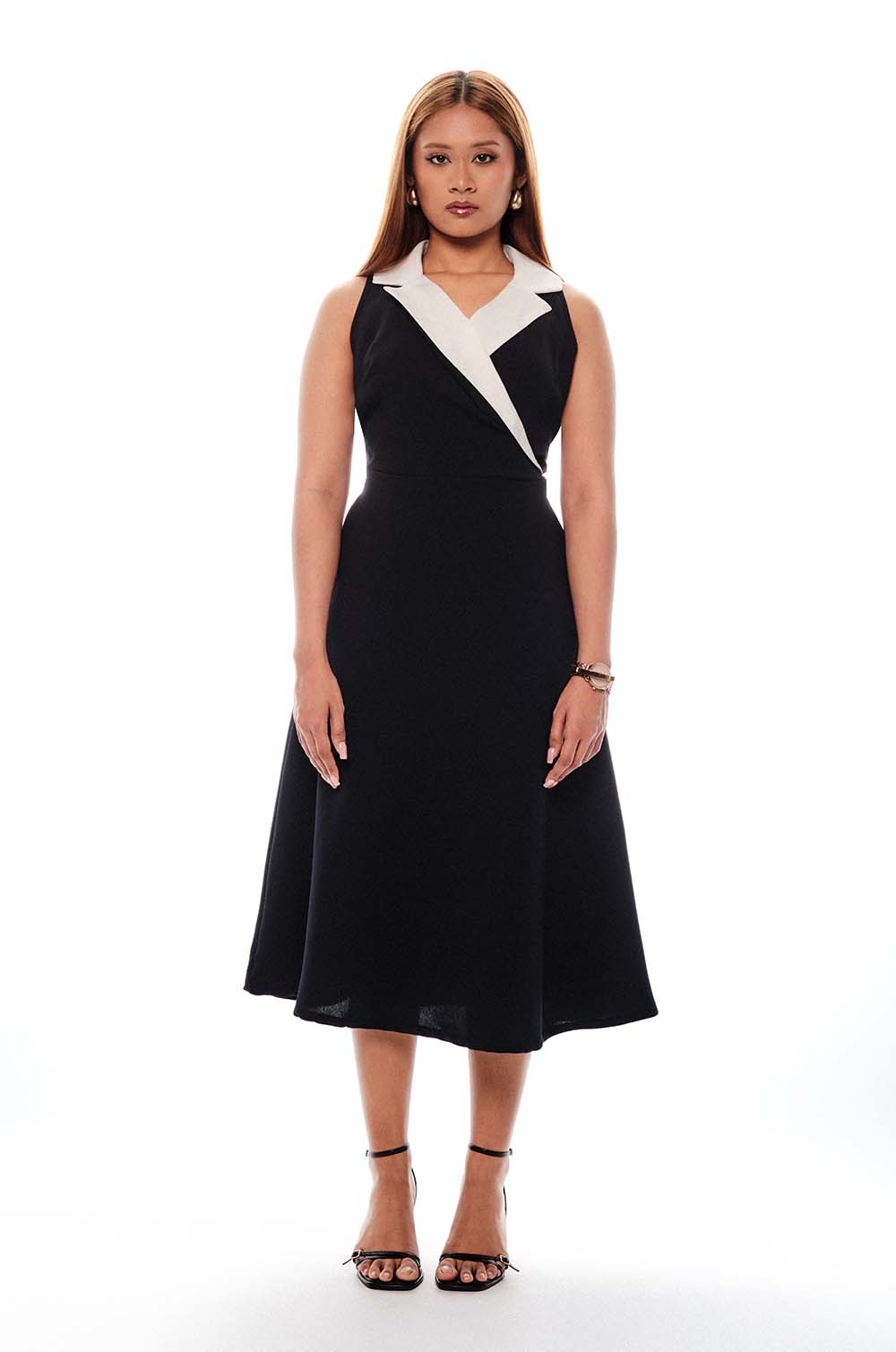 Contrast Lapel Midi Dress