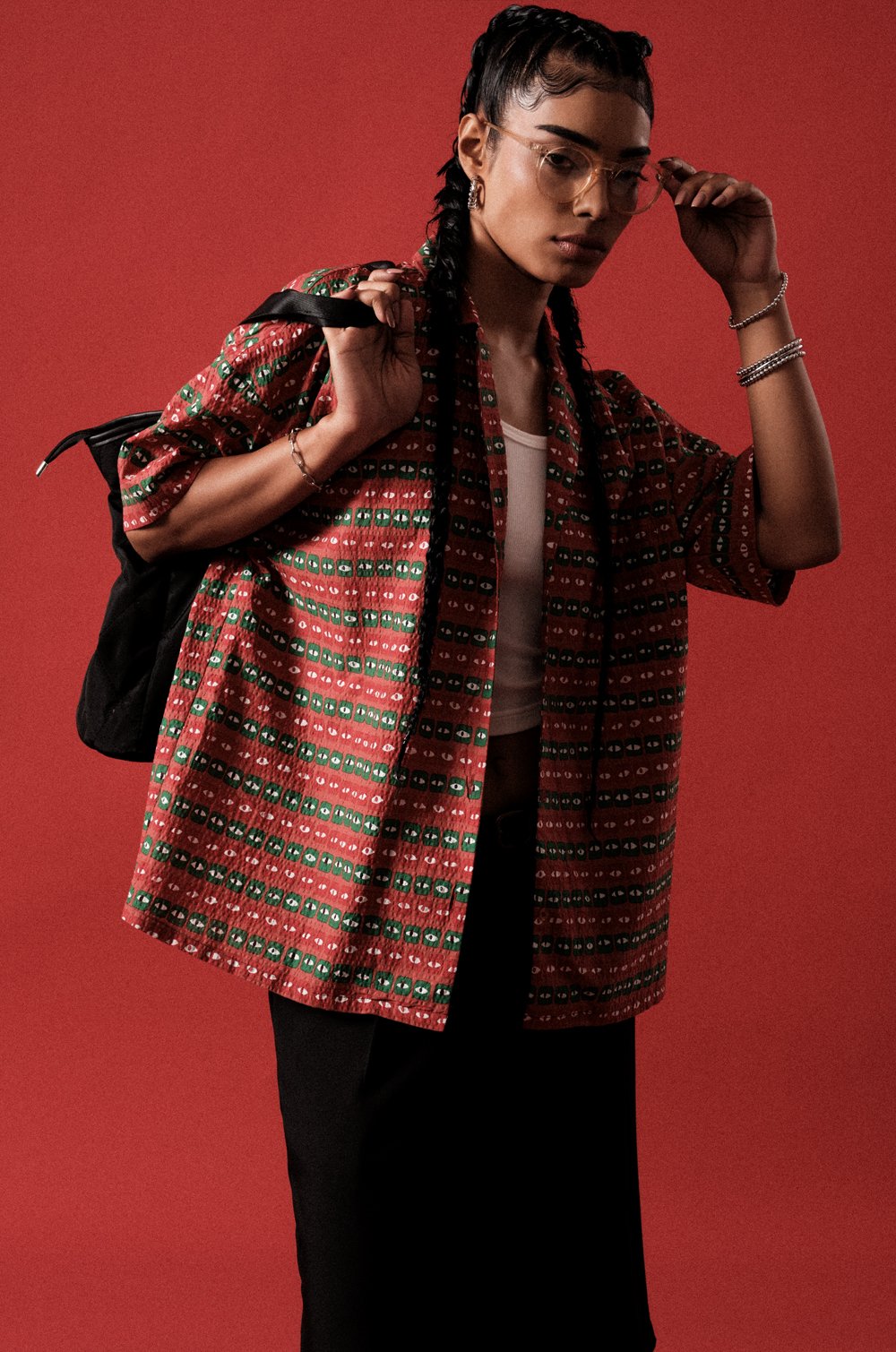 BOXY FIT LAPEL COLLAR SHIRT - RED PRINT