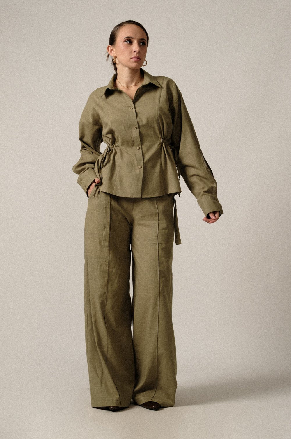 ADJUSTABLE WAIST LINEN PANT  - KHAKI