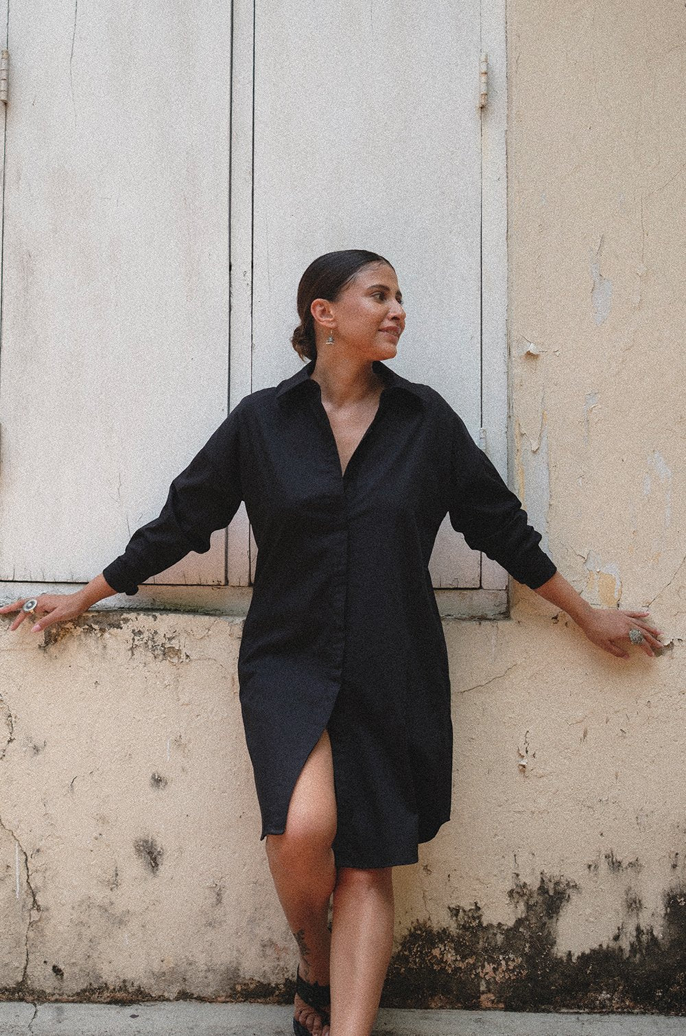 STRUCTURED MINI SHIRT DRESS - BLACK