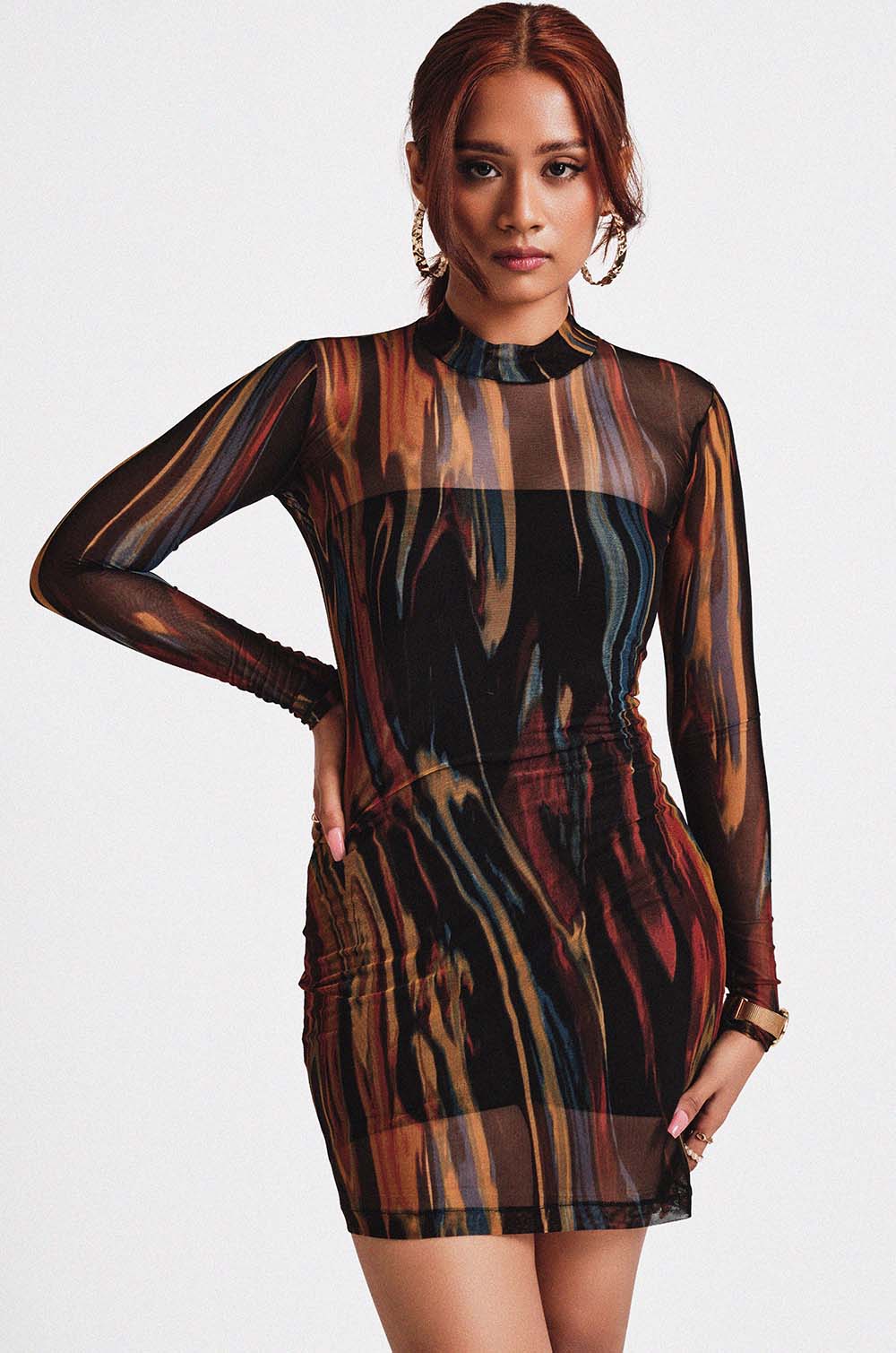 Printed Mesh Dress With Inner Bodysuit