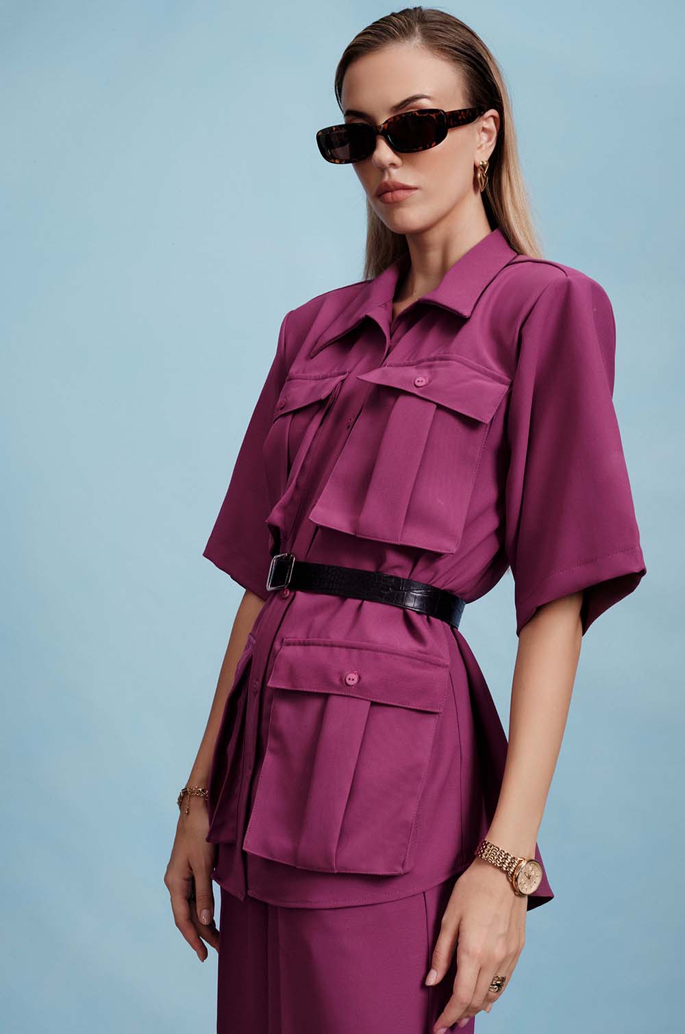 Multi Pocket Structured Shirt - Purple