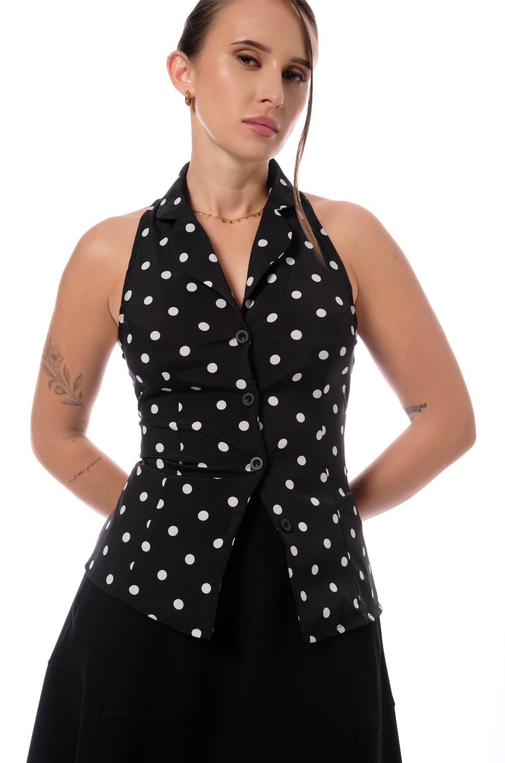 CINCHED WAIST SLEEVELESS TOP - BLACK POLKA