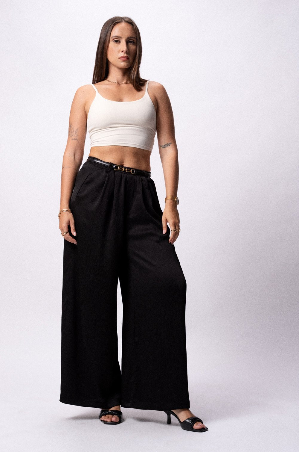 ELASTICATED WIDE LEG PANTS - BLACK