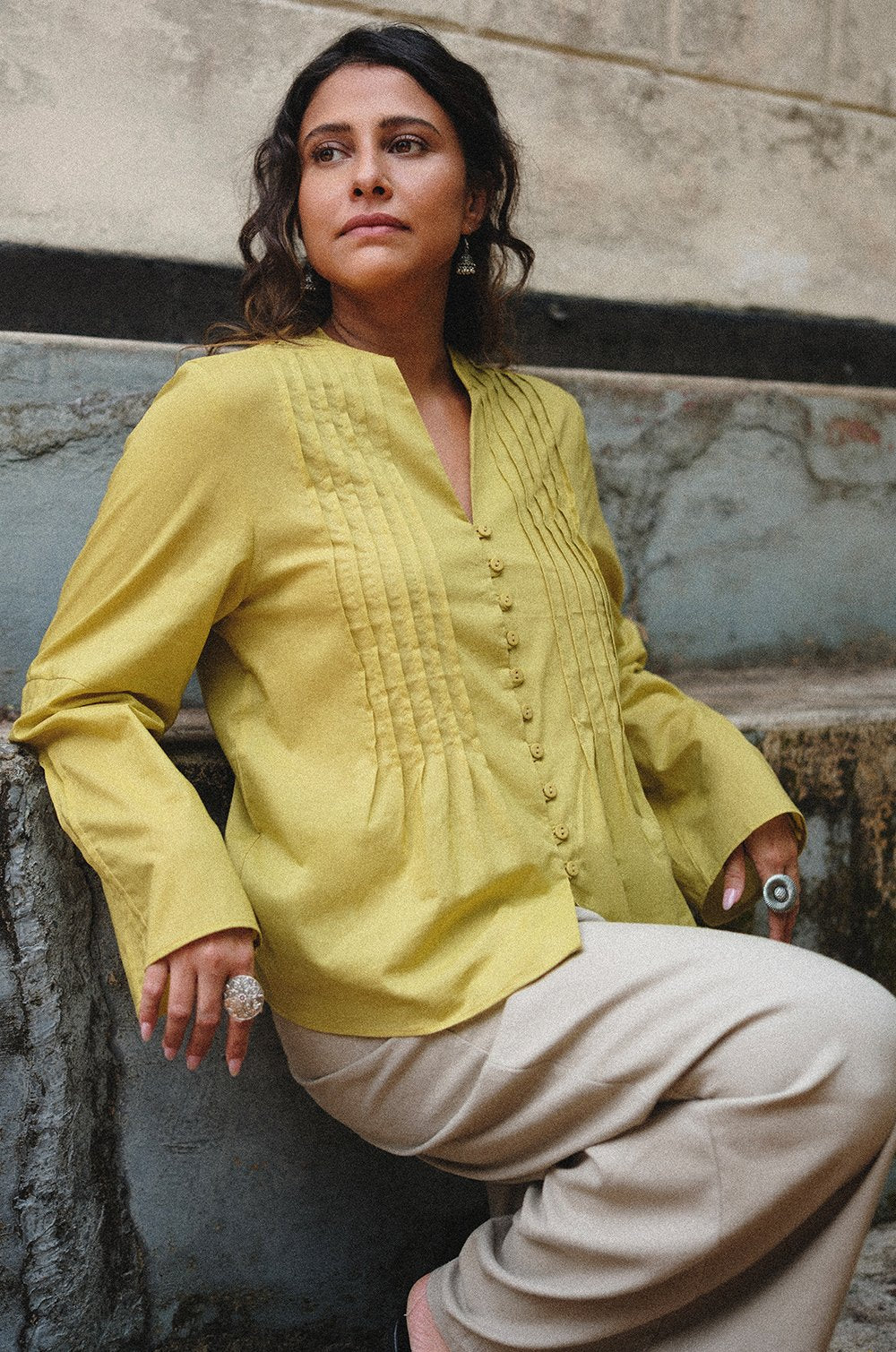 PINTUK DETAIL TUNIC TOP - YELLOW