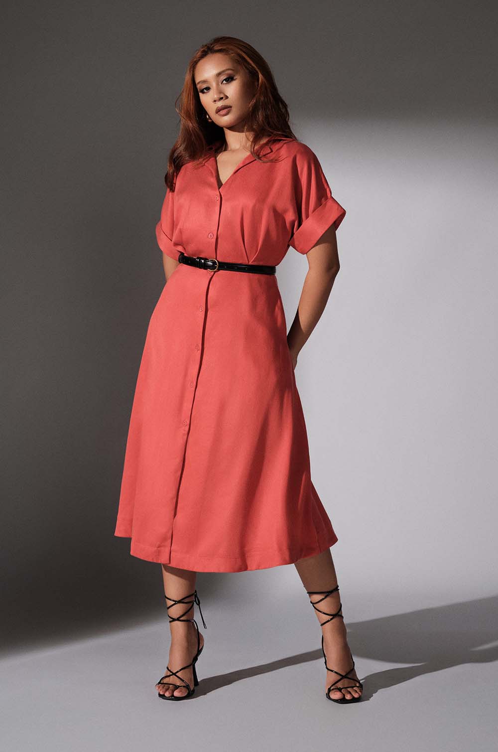 Turned Up Sleeve Midi Dress - Orange