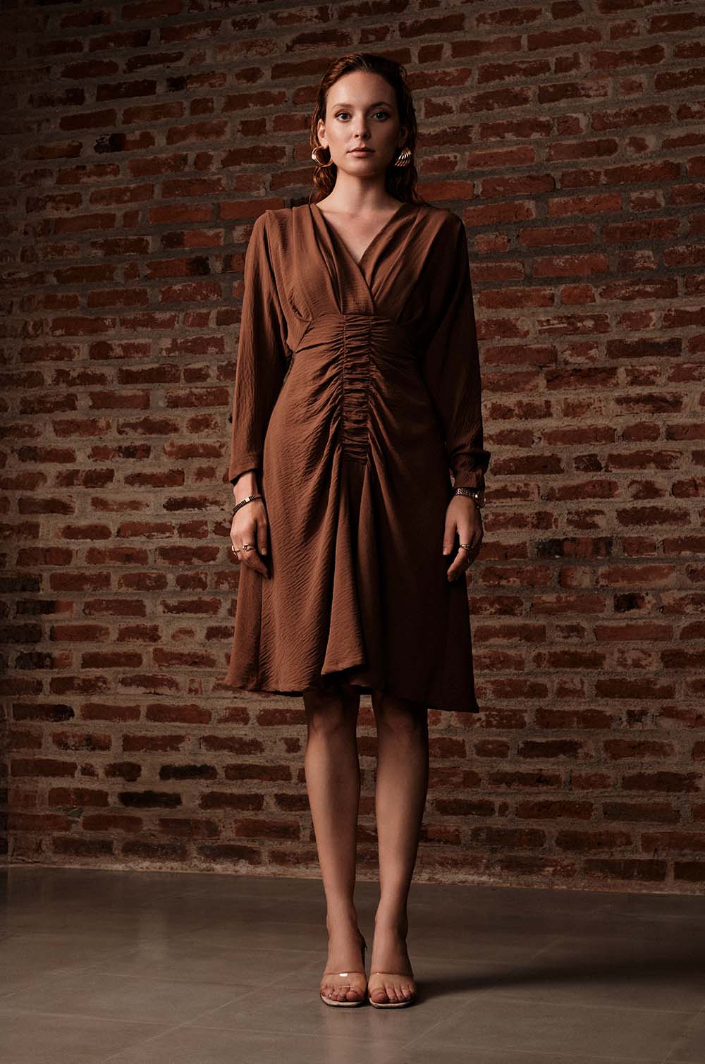 Front Ruched Batwing Sleeve Dress-Brown