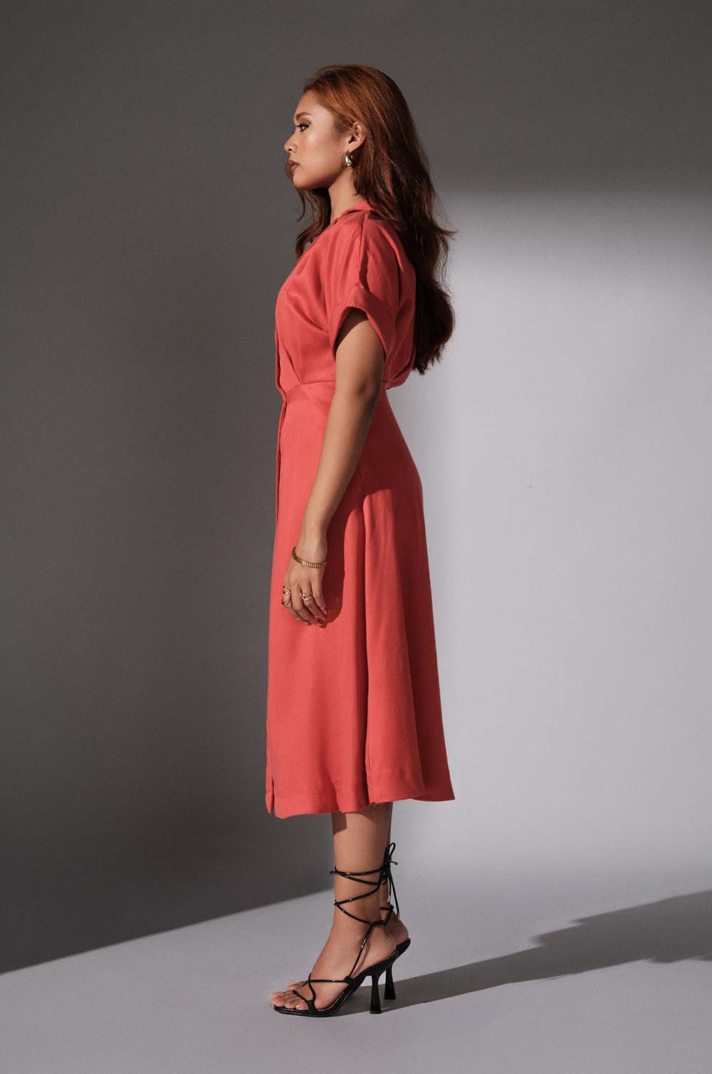 Turned Up Sleeve Midi Dress - Orange