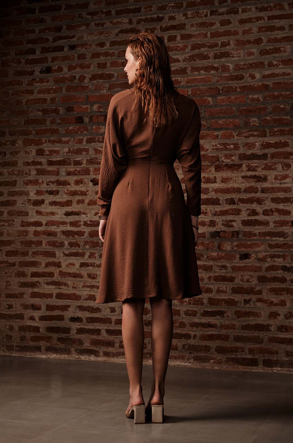 Front Ruched Batwing Sleeve Dress-Brown