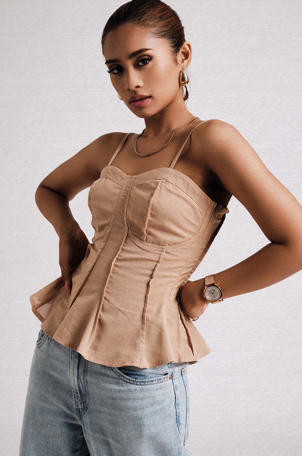 Seam Detailed Corset Top - Beige