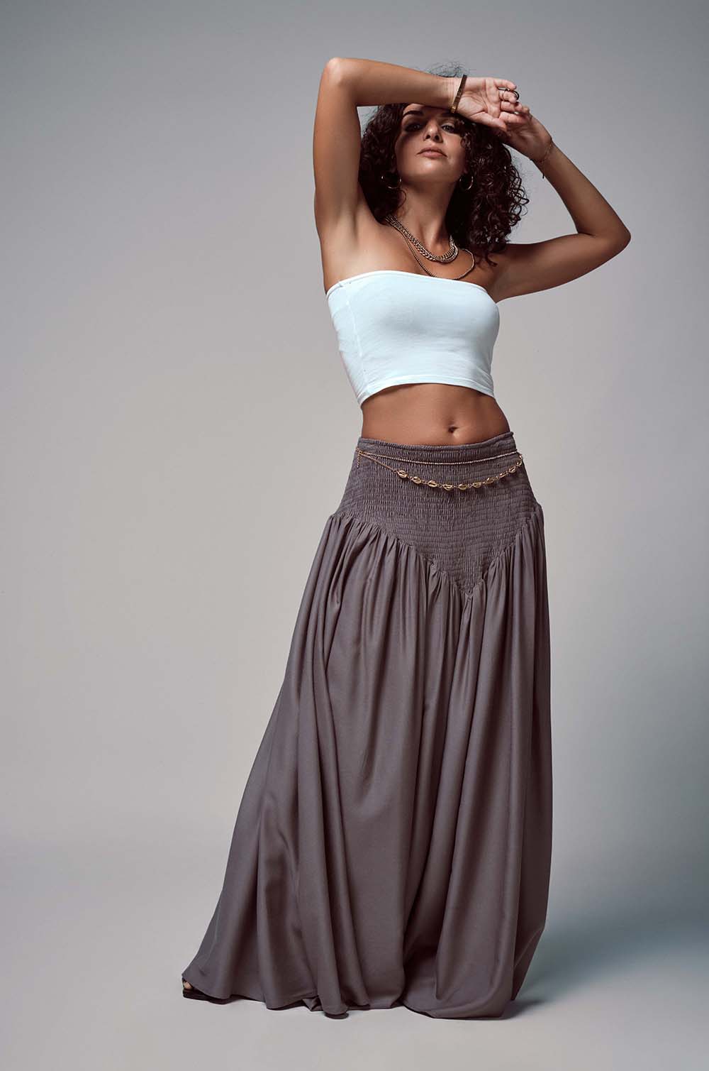 Smocked Maxi Skirt Grey