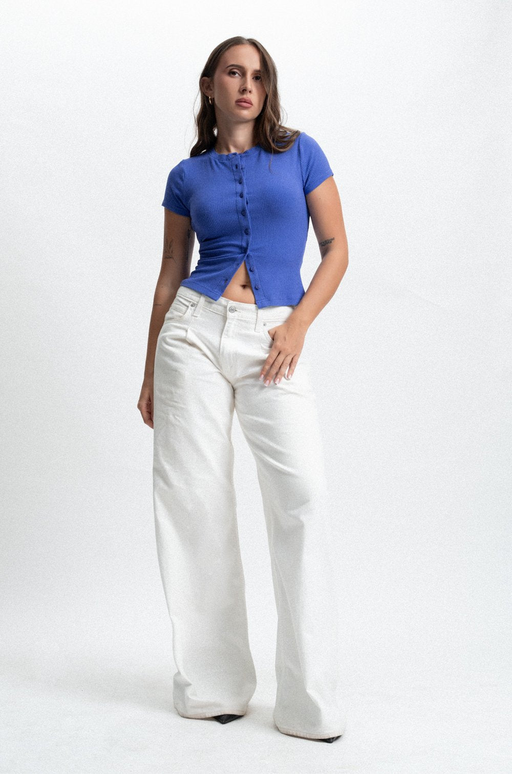 SHORT SLEEVE BUTTON FRONT TOP - BLUE