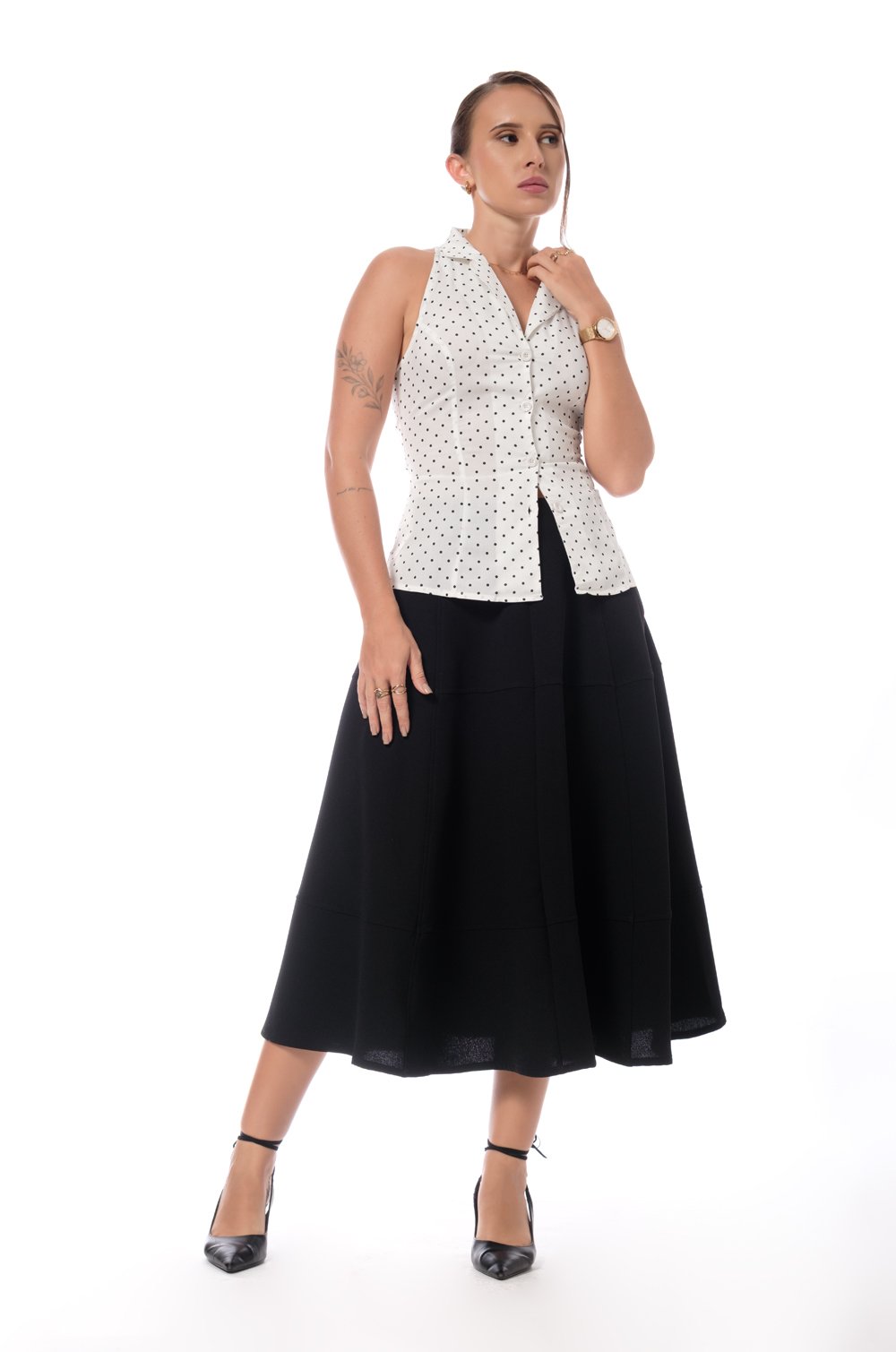CINCHED WAIST SLEEVELESS TOP - WHITE POLKA