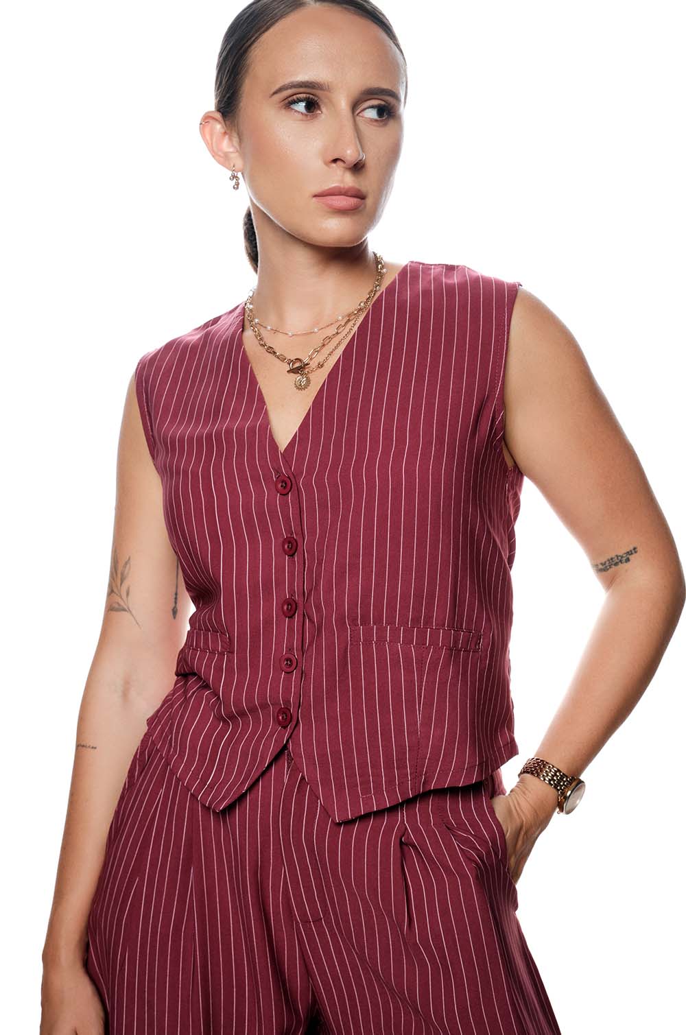 STRIPED WAIST COAT - MAROON