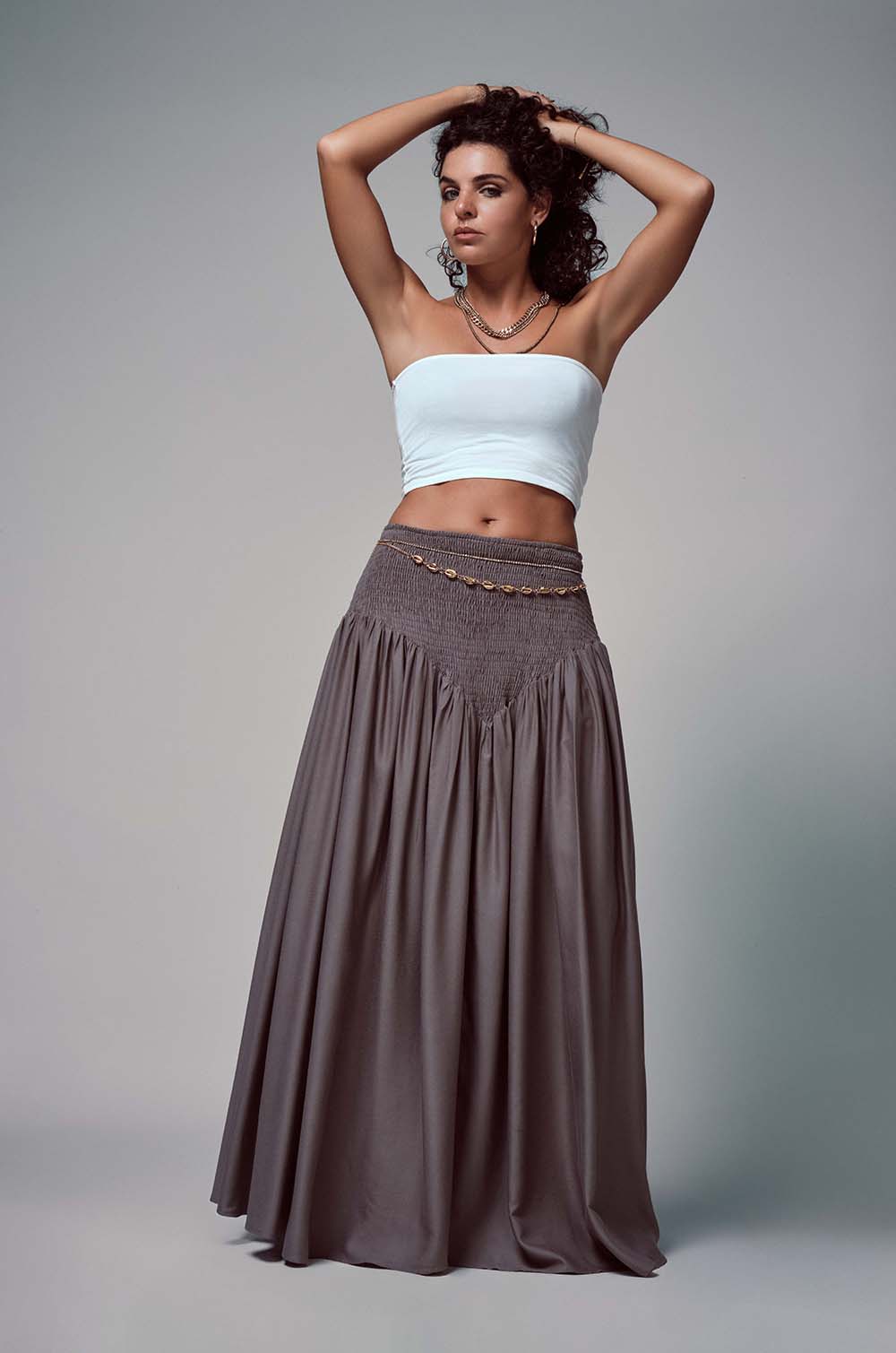 Smocked Maxi Skirt Grey