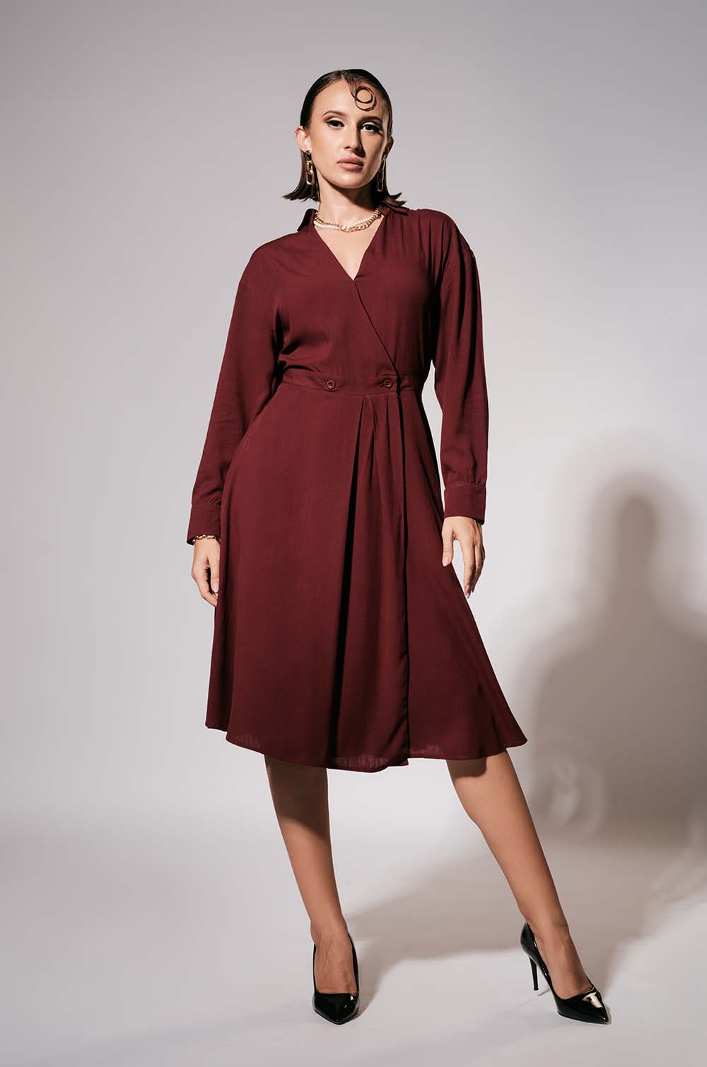 Wraparound Midi Dress Maroon