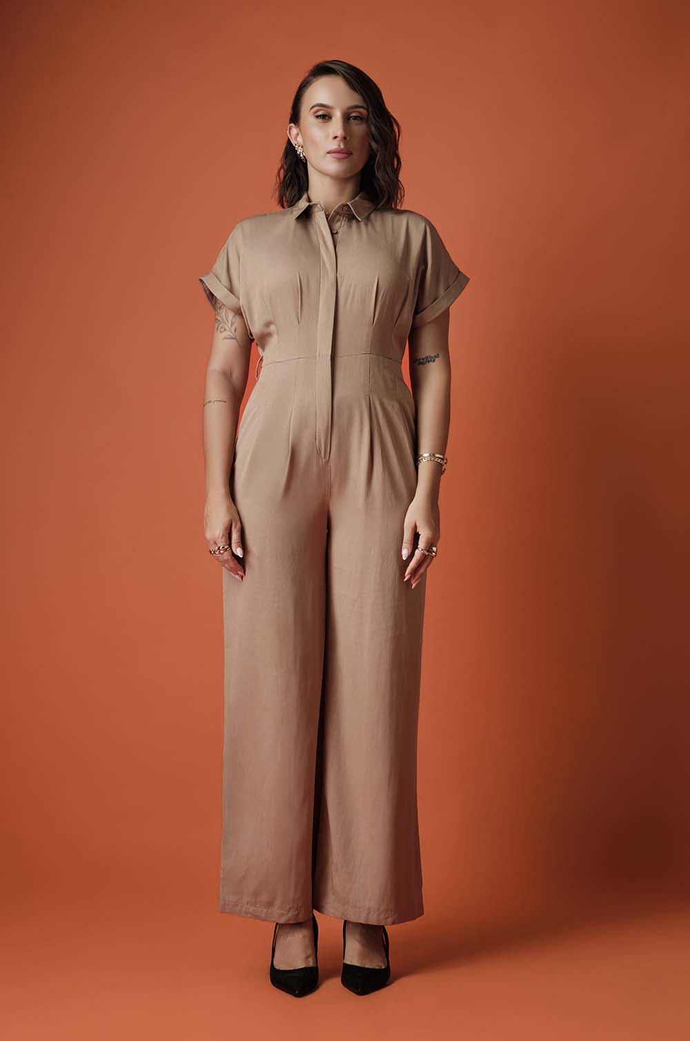 CINCHED WAIST JUMPSUIT - BEIGE
