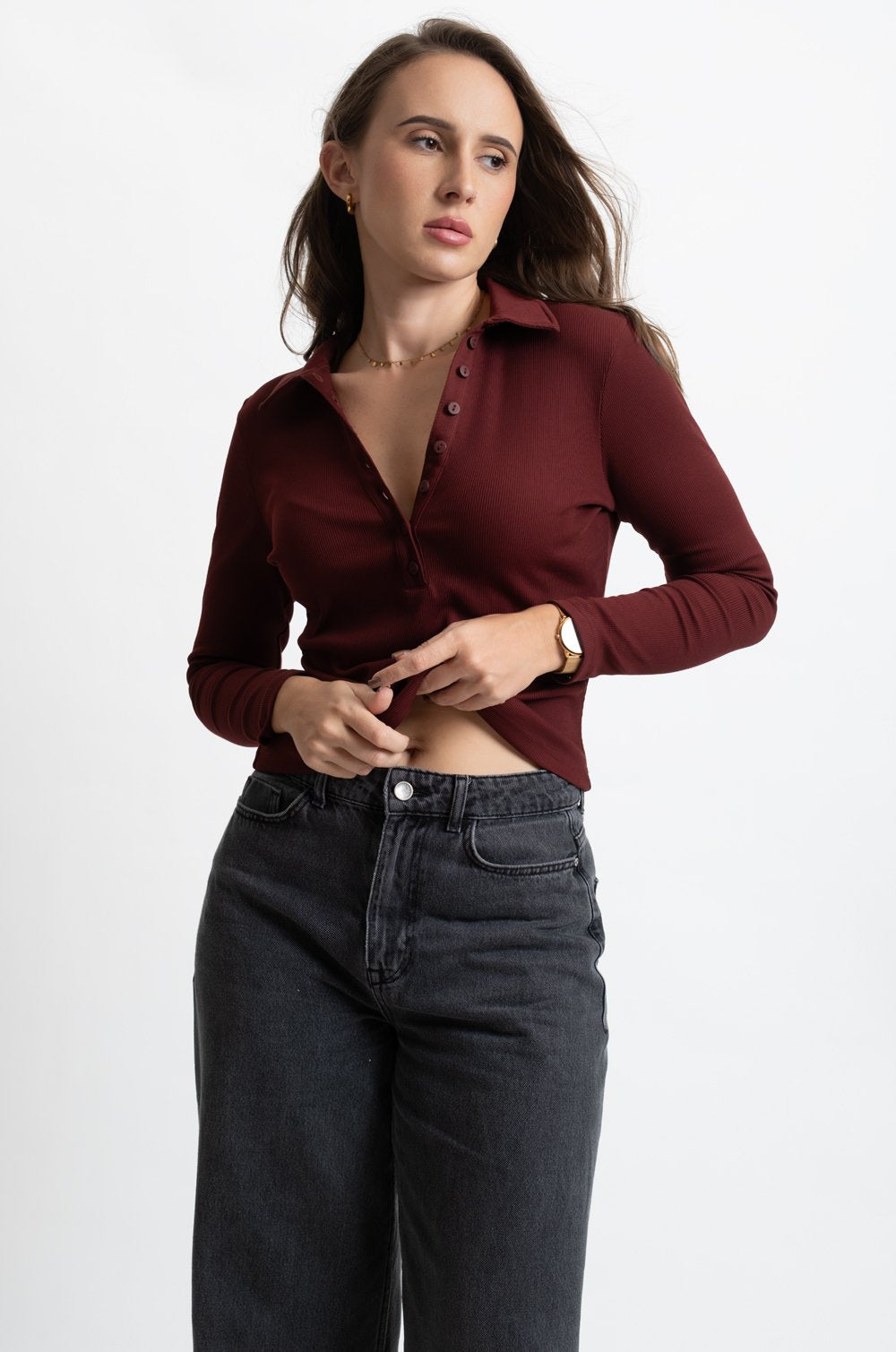 LONG SLEEVE BUTTON UP SWEATER TOP - BURGUNDY