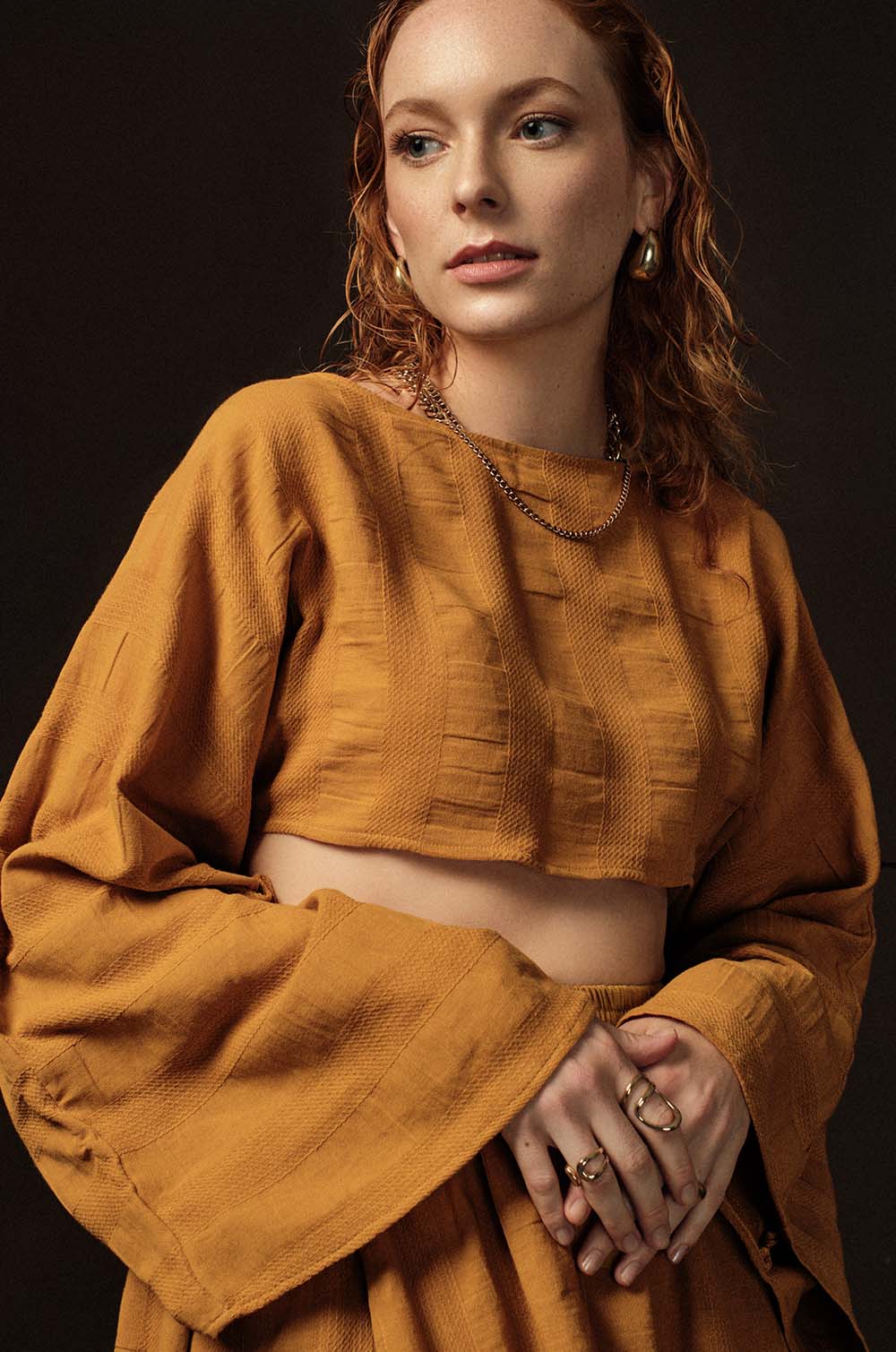 Barrel Sleeve Crop Top-Mustard