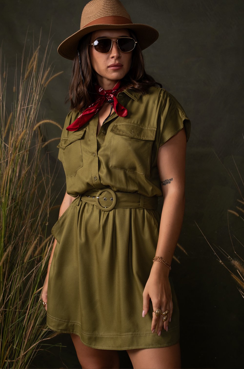 DOUBLE POCKET MINI DRESS - OLIVE