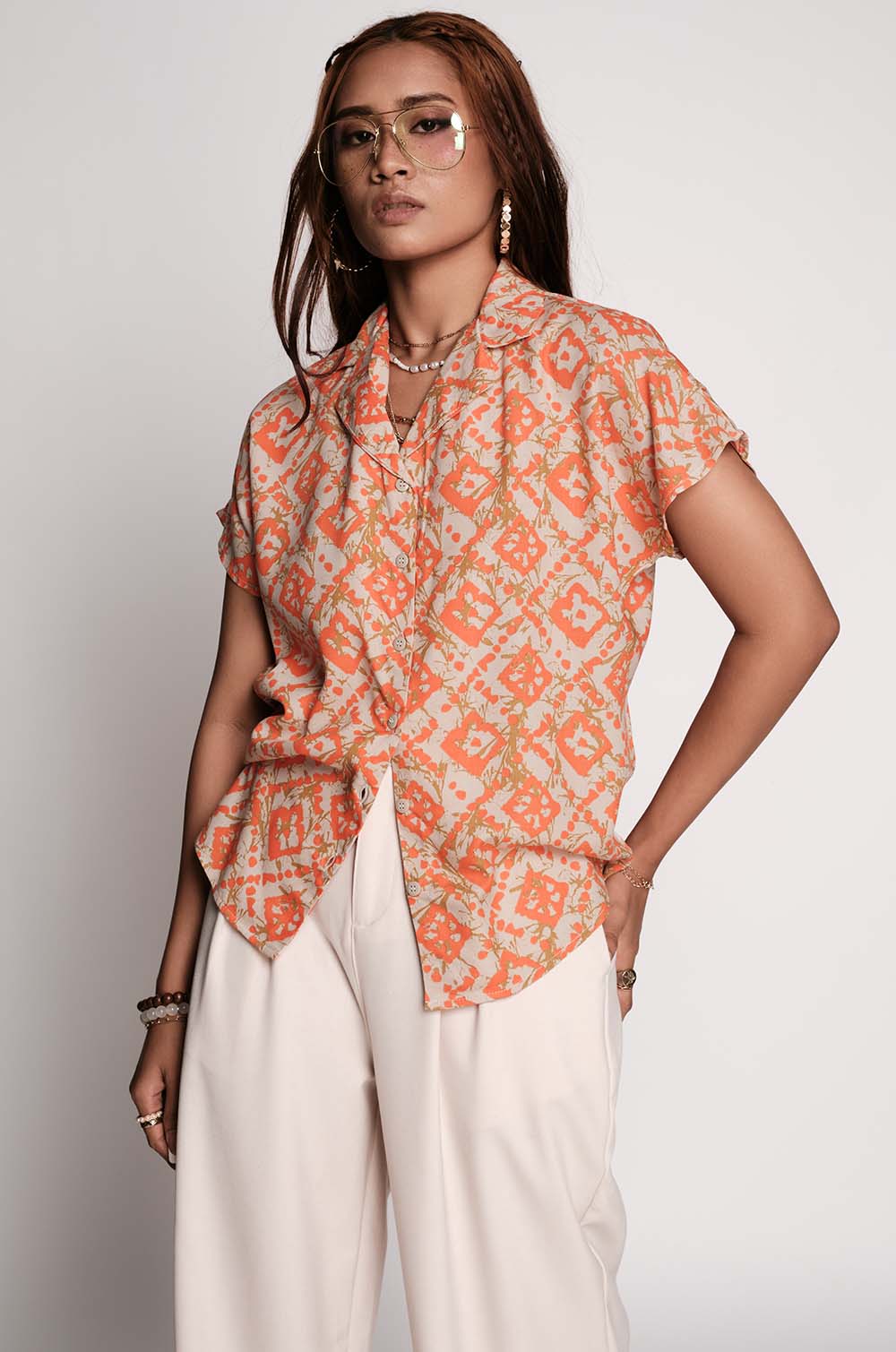 Extended Shoulder Printed Top - Orange