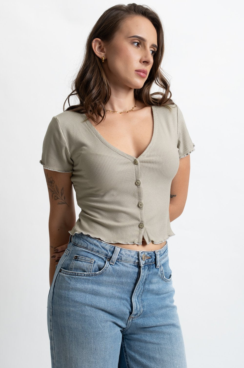 SHORT SLEEVE RIB CARDIGAN TOP - LIGHT GREY