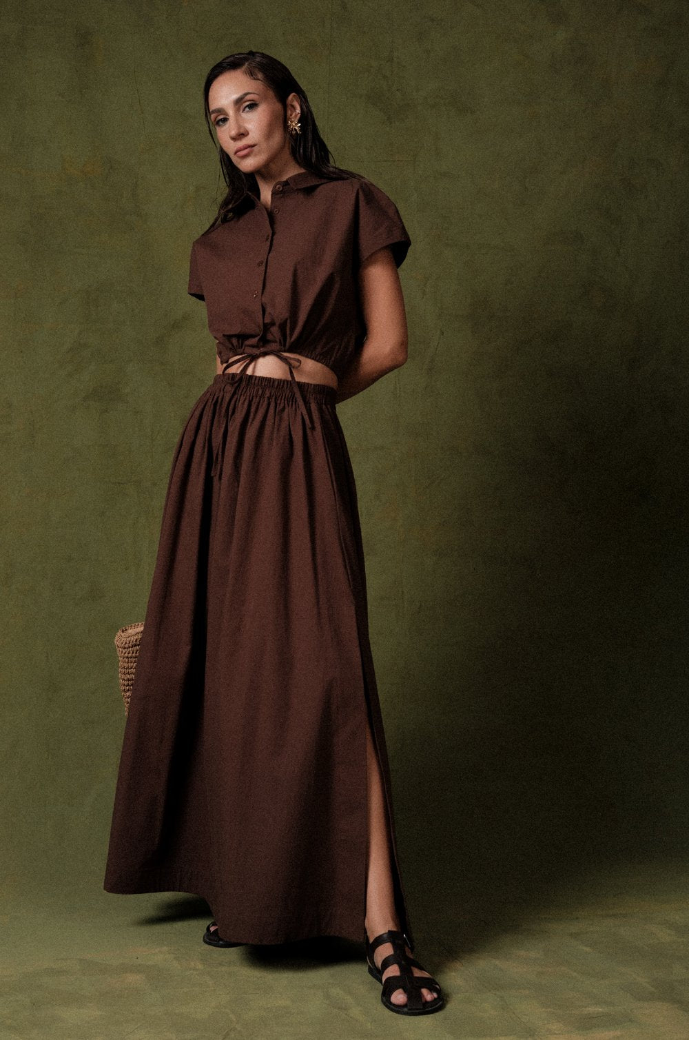 A-LINE MAXI SKIRT WITH SIDE SLIT - BROWN