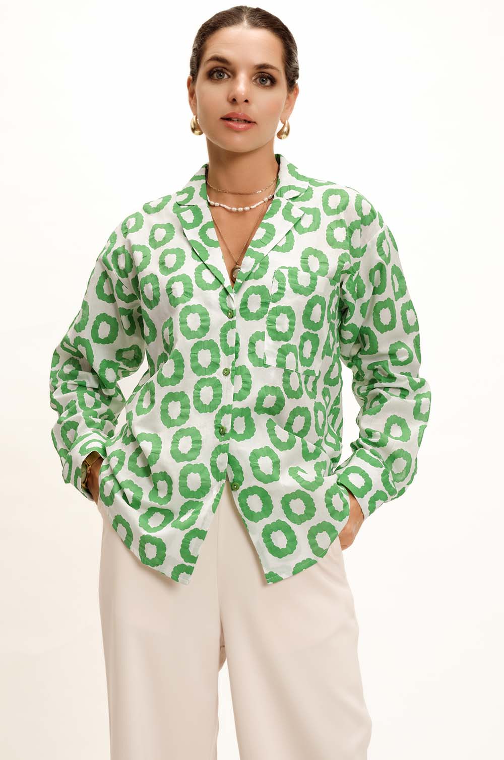 Lapel Collared Oversized Shirt- GREEN