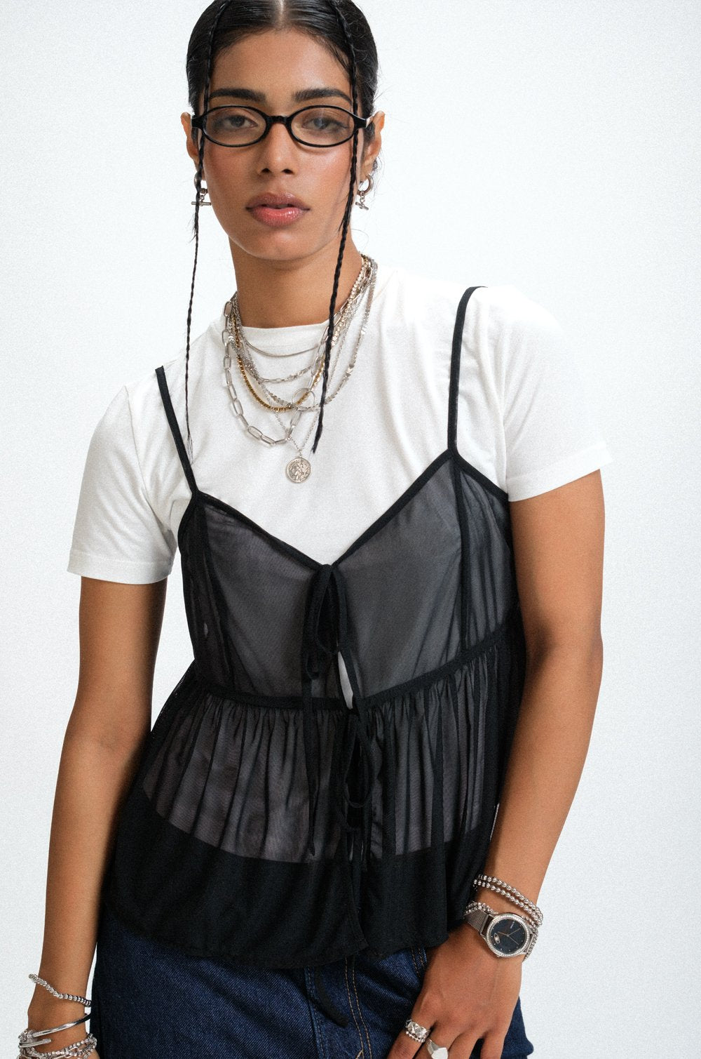 FRONT TIE MESH CAMI