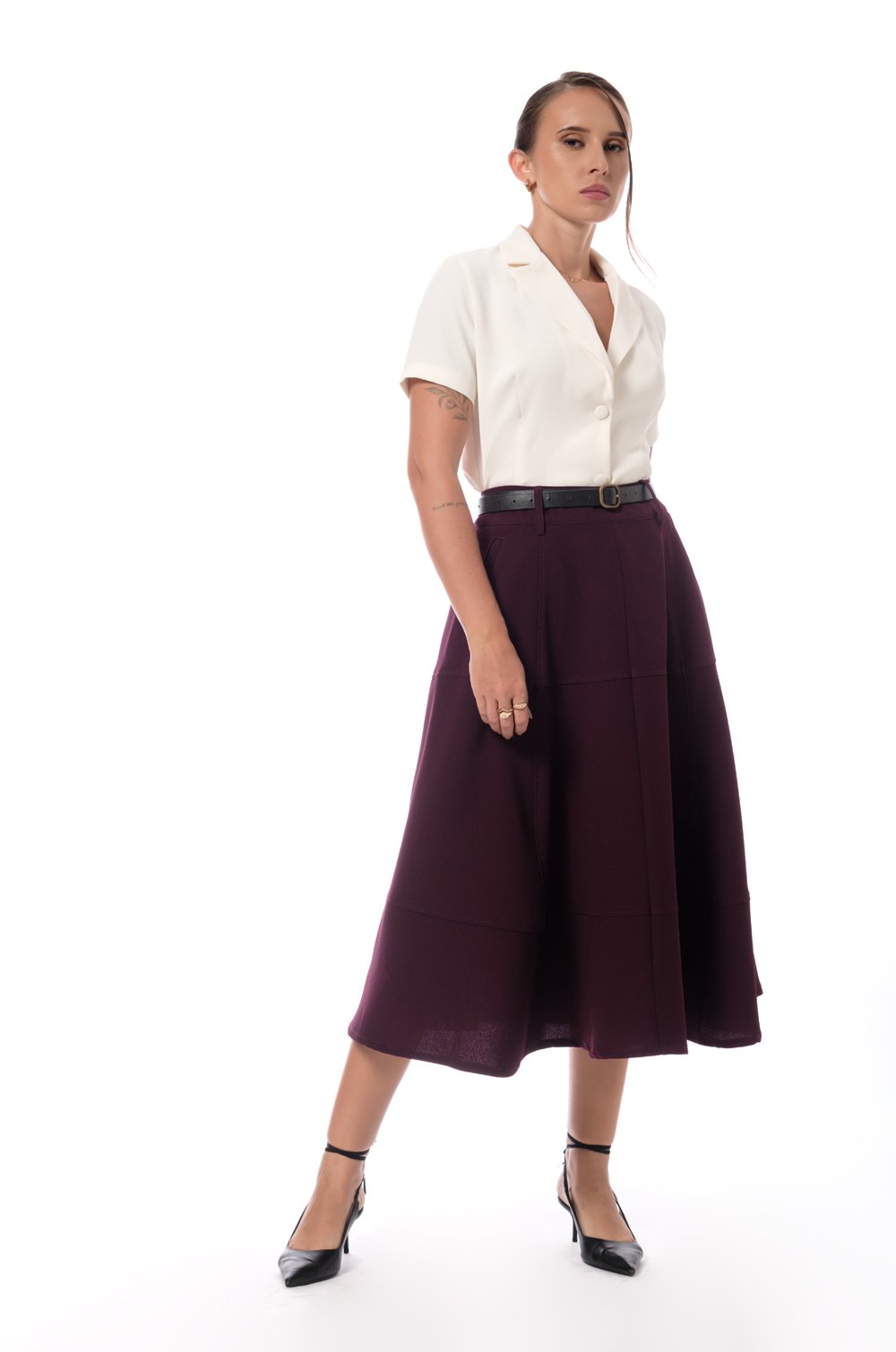 A-LINE CIRCLE MIDI SKIRT - BURGANDY