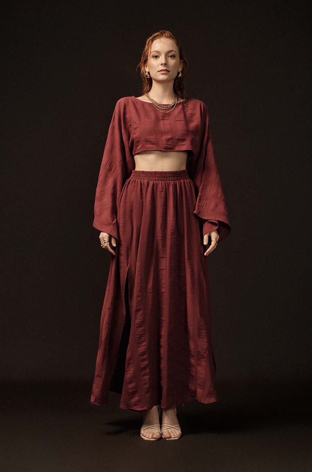 Maxi Skirt With Slits-Maroon