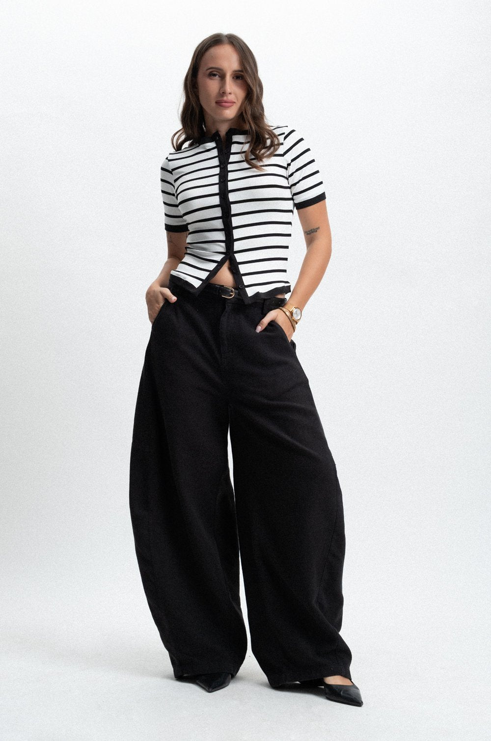 STRIPE BUTTON UP SWEATER TOP
