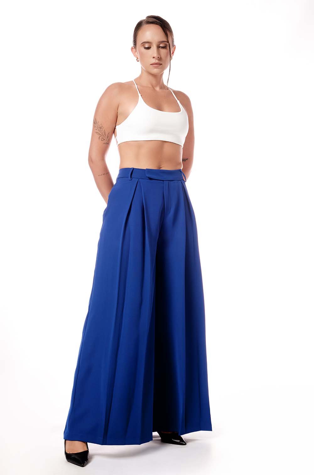 PLEATED FLARED PANTS - BLUE
